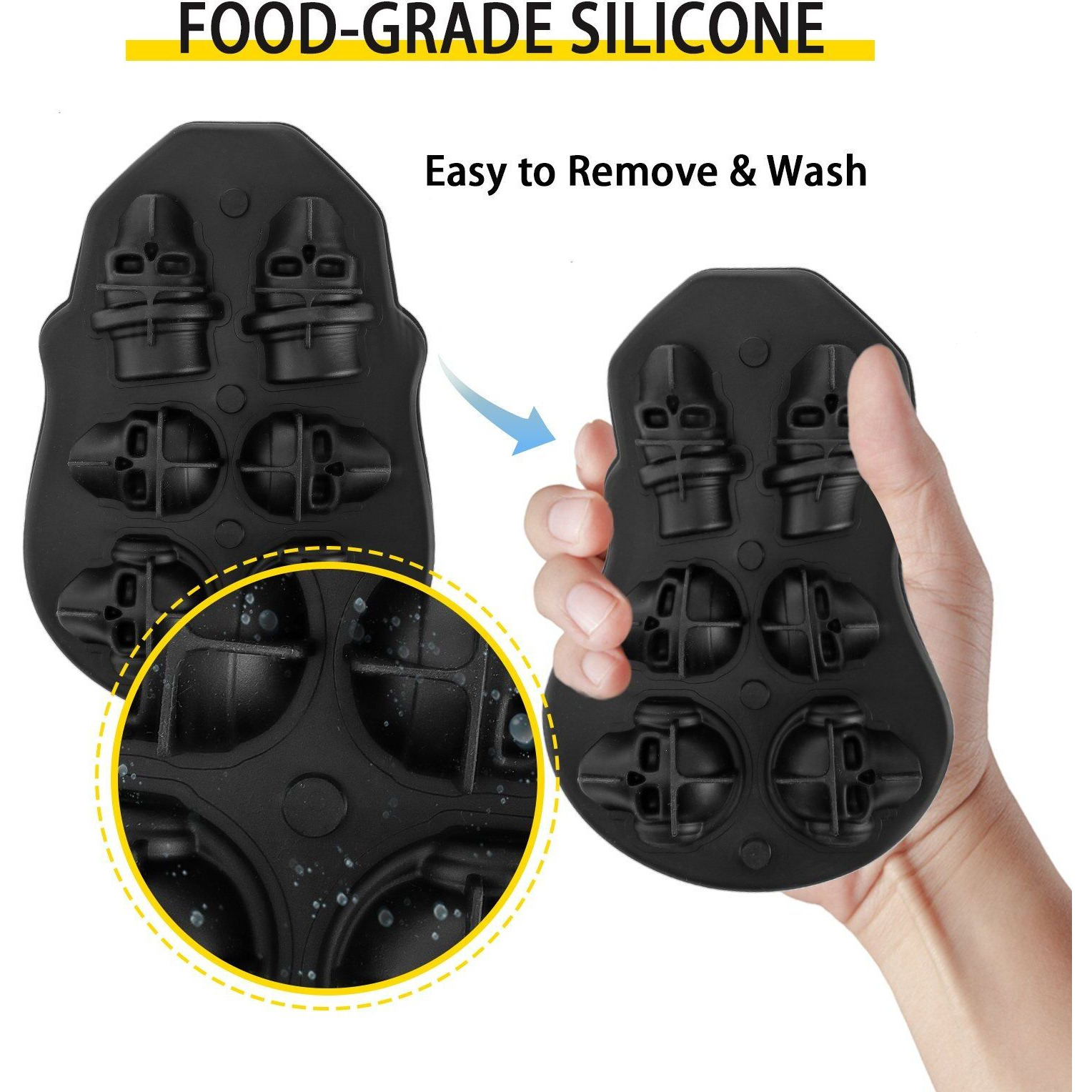 VEVOR Skull Ice Cube Tray, 6-Grid Skull Ice Ball Maker, Flexible Black Silicone Ice Tray with Lid & Funnel, Skull Ice Cubes in 3 Distinct Patterns for Beverages & Chocolates on Parties & Holidays