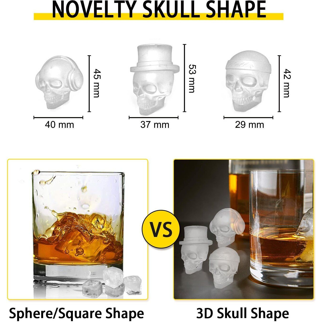 VEVOR Skull Ice Cube Tray, 6-Grid Skull Ice Ball Maker, Flexible Black Silicone Ice Tray with Lid & Funnel, Skull Ice Cubes in 3 Distinct Patterns for Beverages & Chocolates on Parties & Holidays