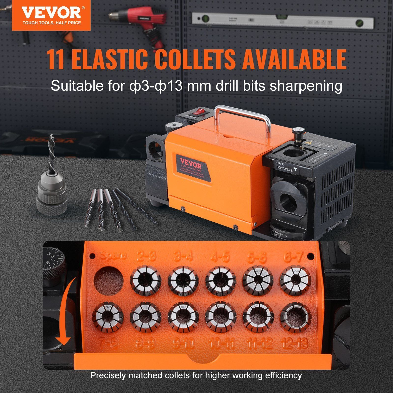 VEVOR Drill Bits Sharpener, 3-13mm Drill Bits Grinder Sharpener, Lip Relief Angle & 95-135 Point Angle Adjustable Drill Bit Re-Sharpener, Portable Sharpening Machine with 11 Collets, CBN & SDC Wheel