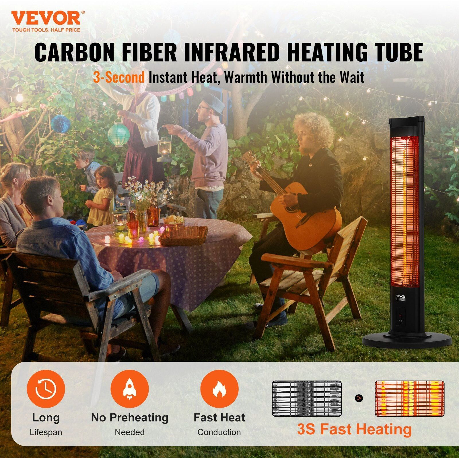 VEVOR Infrared Heater, 1500W Remote Control Electric Space Heater, Patio Heater w/ 3 Speeds & Timer & Tip-Over Protection, Outdoor/Outdoor for Bedroom,Studio,Porch,Dining Room,Studio, Stand,40in L