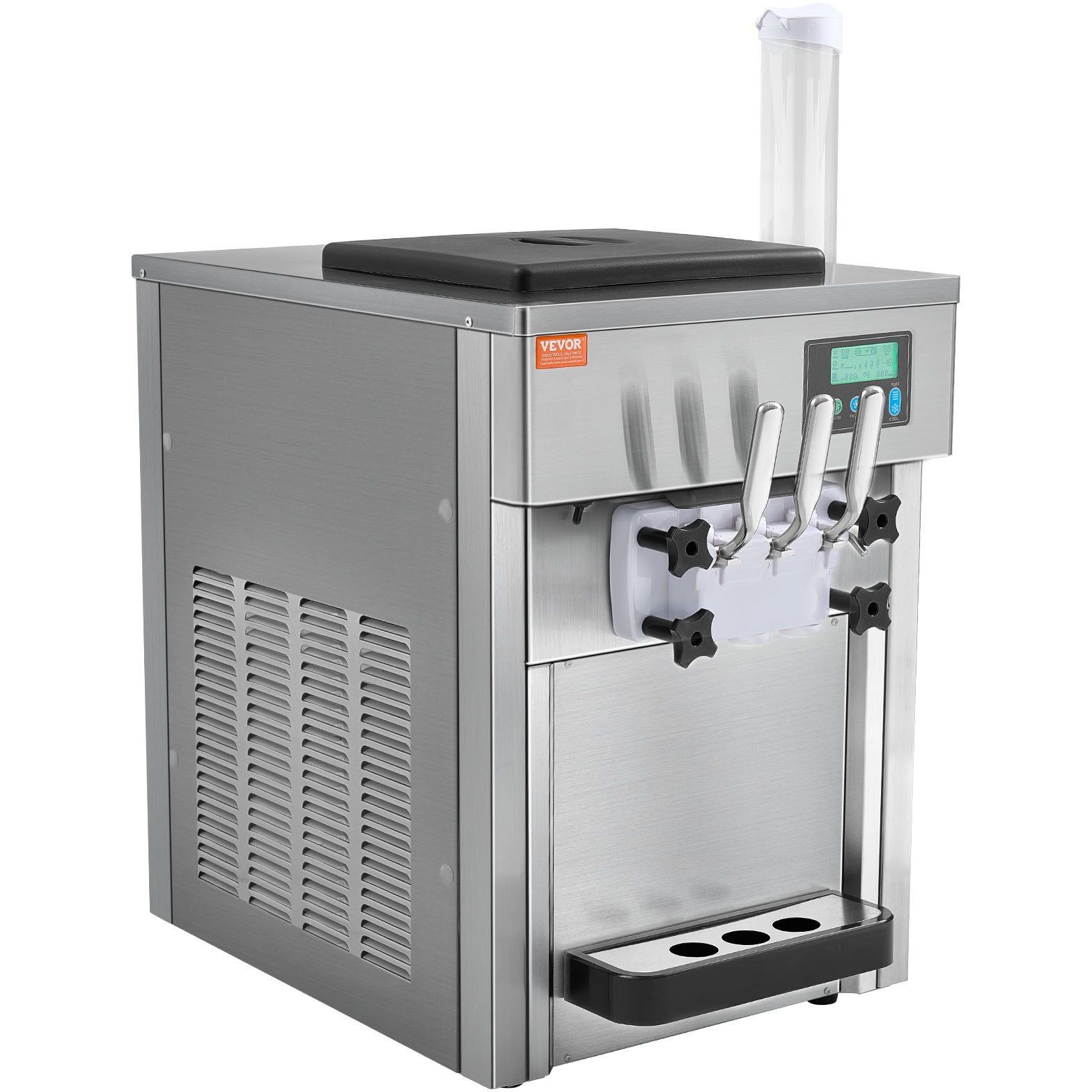 VEVOR Commercial Ice Cream Machine, 21 QT/H Yield, 1800W 3-Flavor Countertop Soft Serve Ice Cream Maker, 2 x 4L Hopper 2 x 1.8L Cylinder, LCD Panel Auto Clean Pre-cooling, for Restaurant Snack Bar
