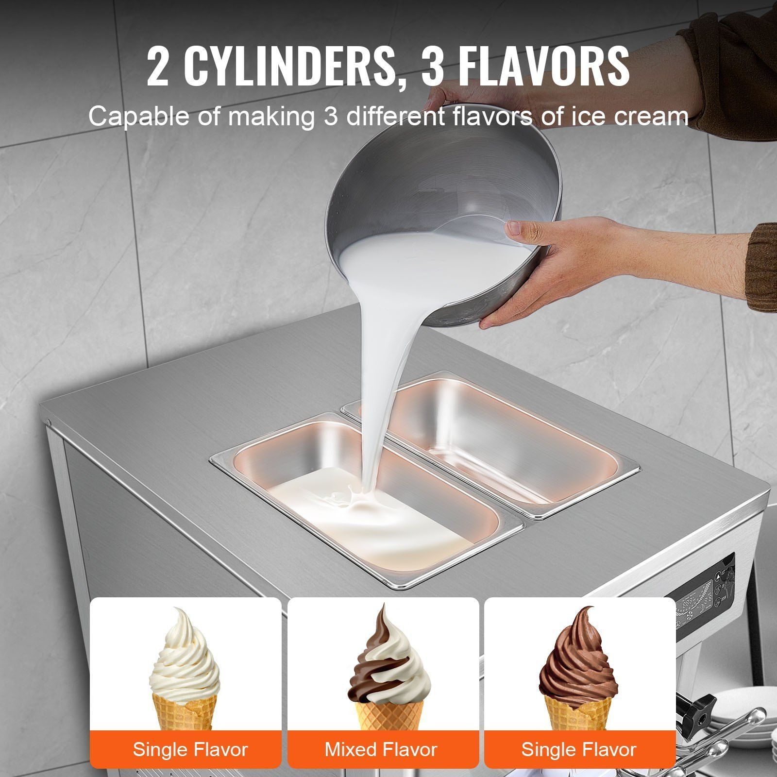 VEVOR Commercial Ice Cream Machine, 18-28 L/H Yield, 1850W 3-Flavor Countertop Soft Serve Ice Cream Maker, 2 x 5.5L Stainless Steel Cylinder, LED Panel Auto Clean Pre-cooling, for Restaurant Bars