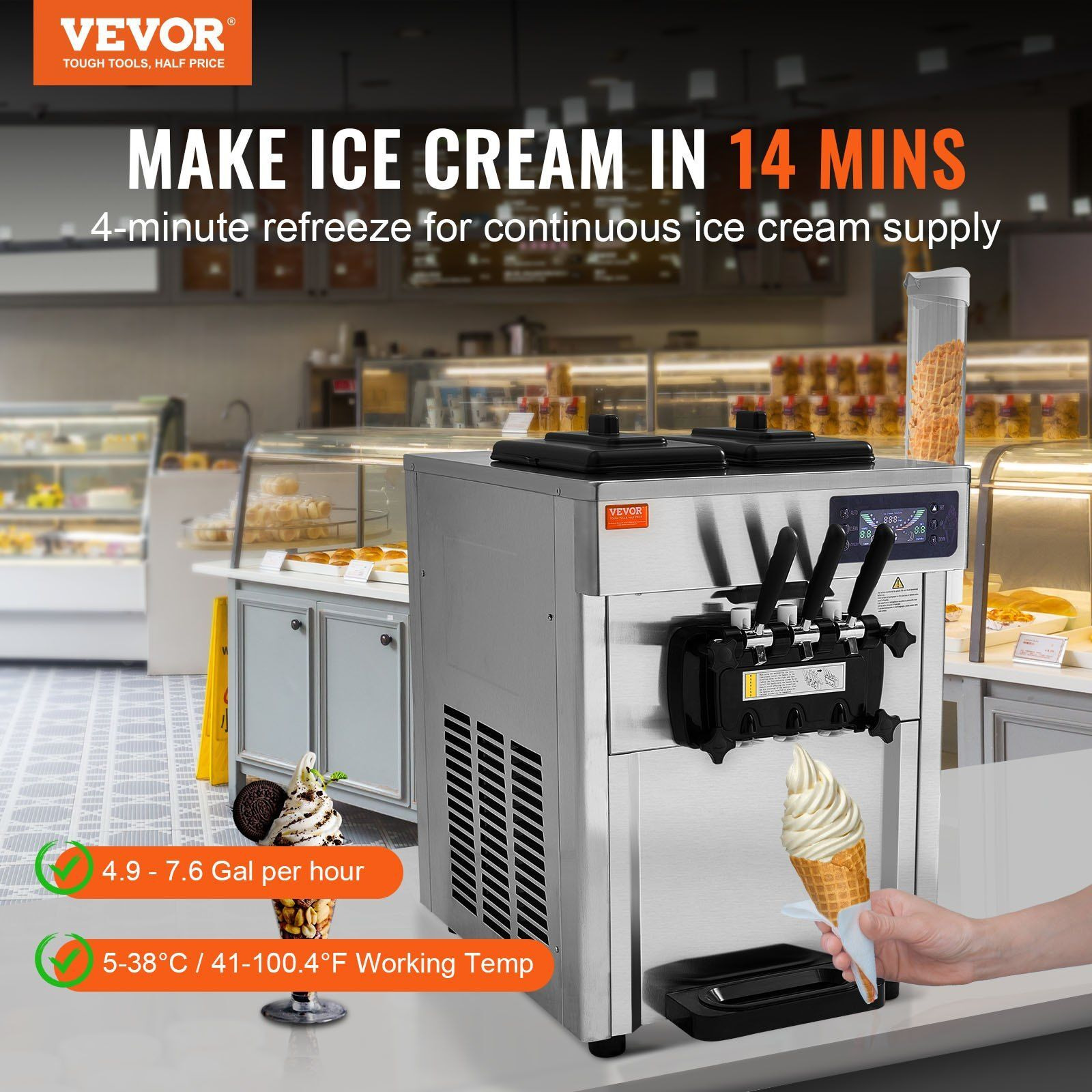 VEVOR Commercial Ice Cream Machine, 18-28 L/H Yield, 1850W 3-Flavor Countertop Soft Serve Ice Cream Maker, 2 x 5.5L Stainless Steel Cylinder, LED Panel Auto Clean Pre-cooling, for Restaurant Bars
