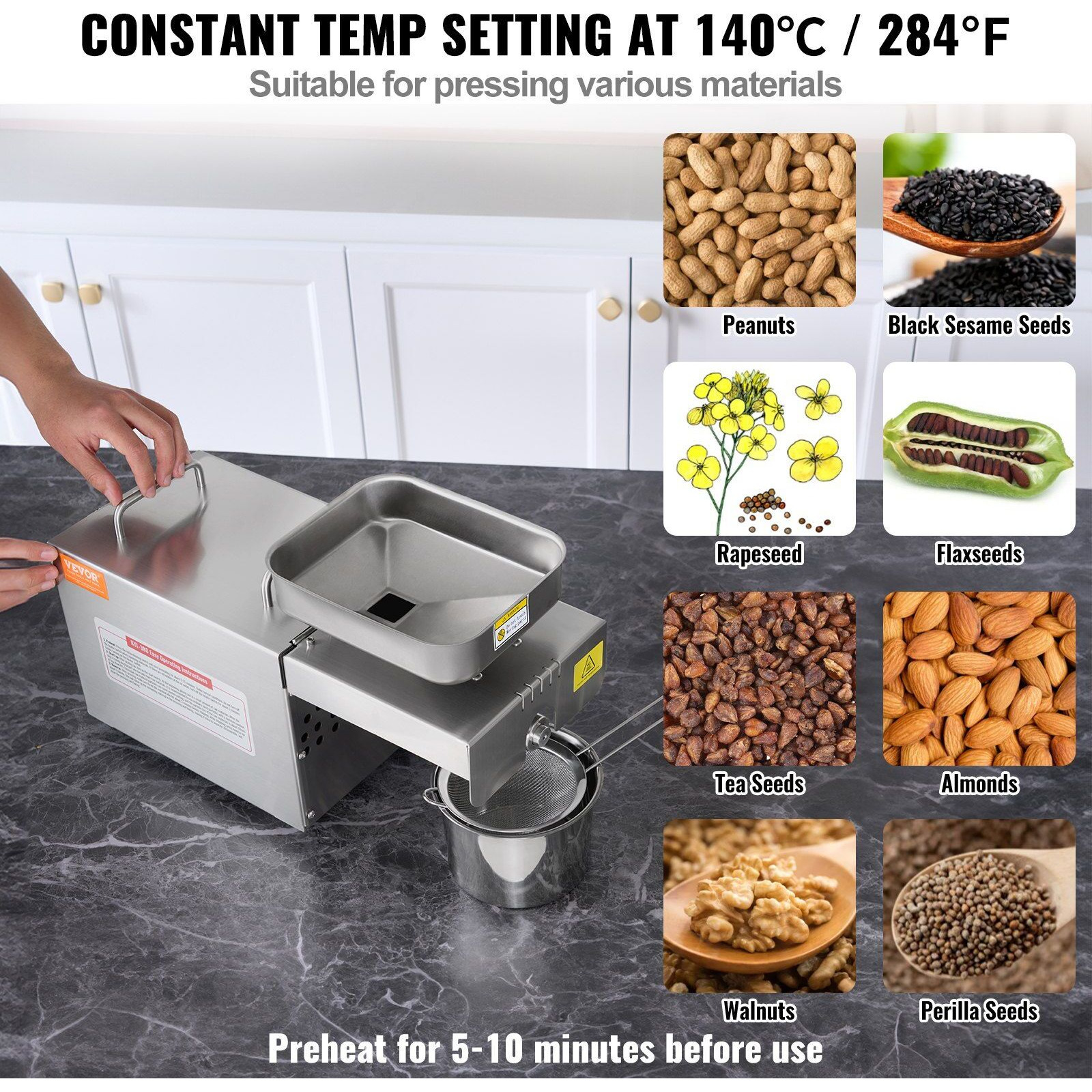 VEVOR Electric Oil Press Machine, 700W Stainless Steel Oil Extractor Machine, 140C / 284F Constant Temperature, Hot Press Oil Expeller for Pressing Peanuts, Sesame Seeds, Rapeseed, Tea Seeds