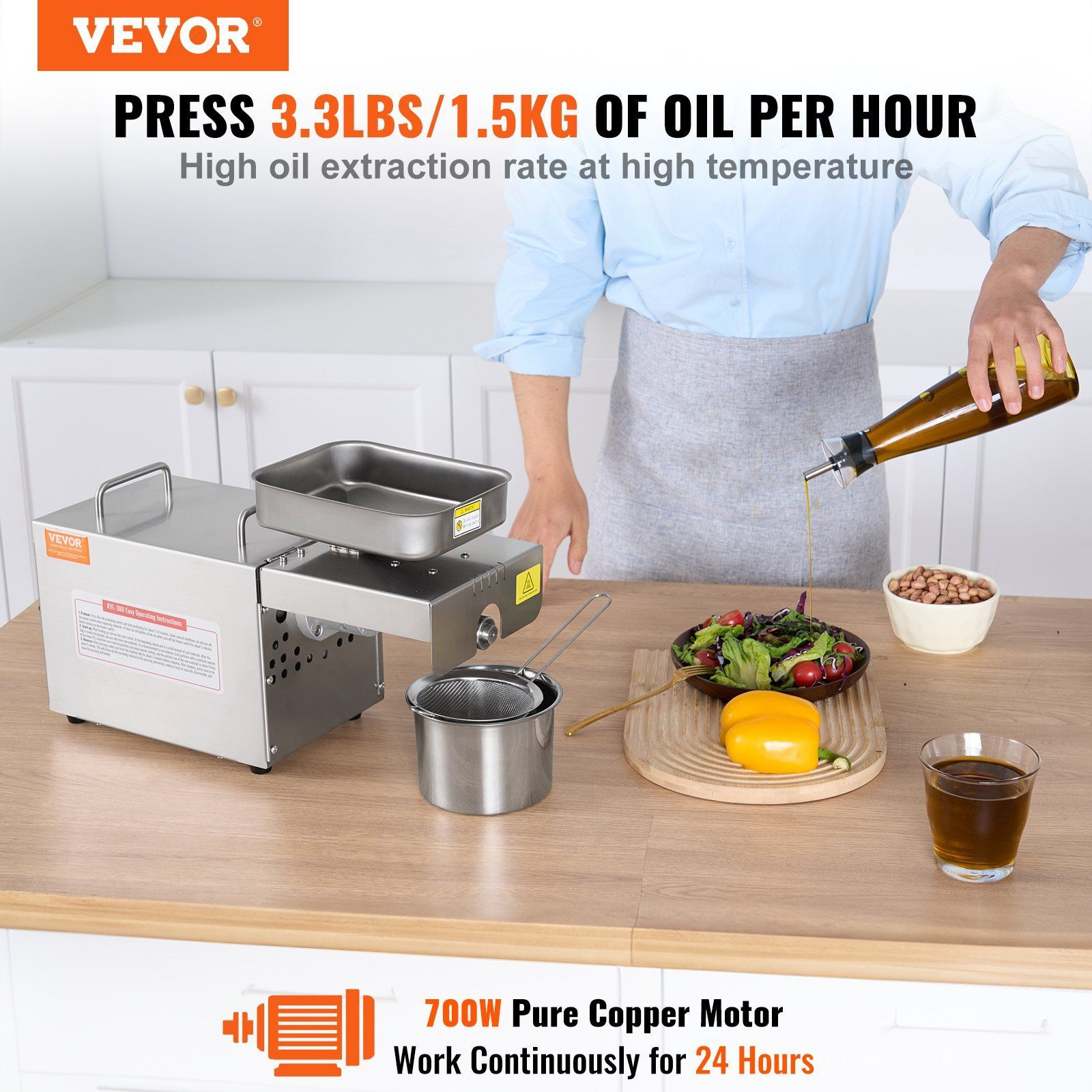 VEVOR Electric Oil Press Machine, 700W Stainless Steel Oil Extractor Machine, 140C / 284F Constant Temperature, Hot Press Oil Expeller for Pressing Peanuts, Sesame Seeds, Rapeseed, Tea Seeds
