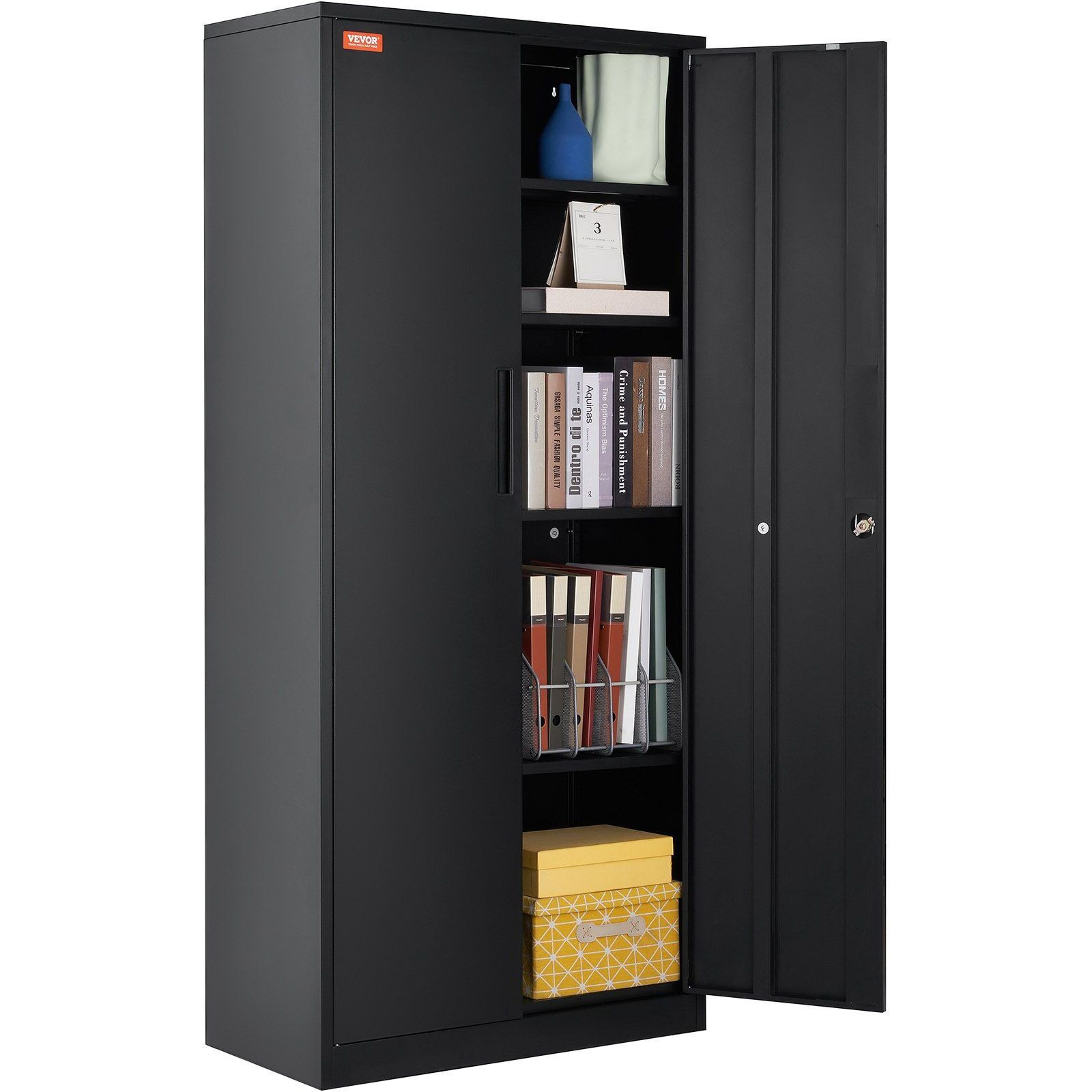 VEVOR Metal Storage Cabinet, Steel Locking Storage Cabinet with 2 Magnetic Doors and 4 Adjustable Shelves, 71'' Metal Cabinet 200 lbs Capacity per Shelf with 3 Keys, for Office, Home, Garage, Black