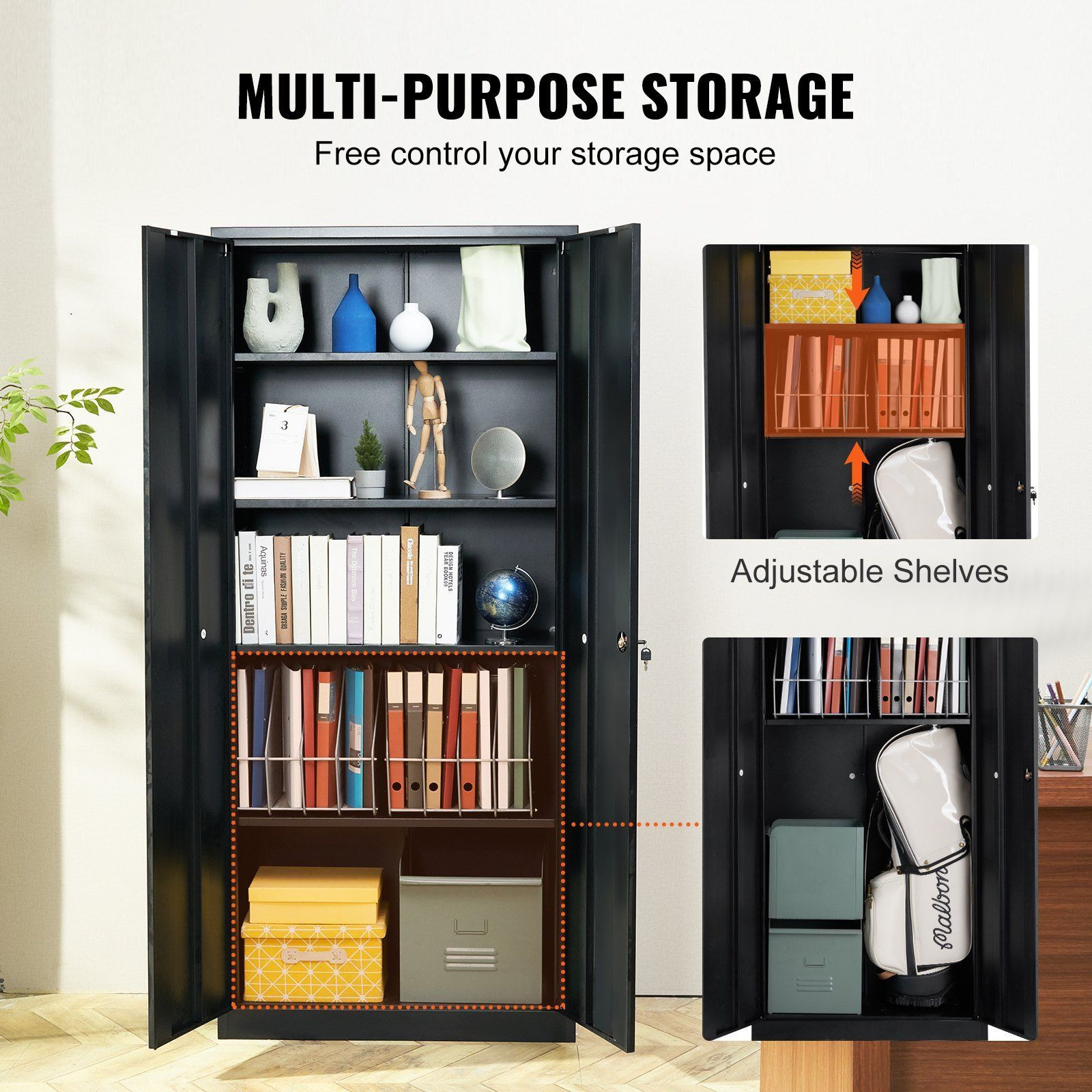 VEVOR Metal Storage Cabinet, Steel Locking Storage Cabinet with 2 Magnetic Doors and 4 Adjustable Shelves, 71'' Metal Cabinet 200 lbs Capacity per Shelf with 3 Keys, for Office, Home, Garage, Black
