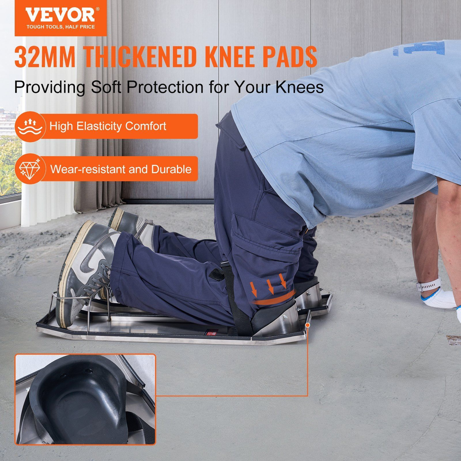 VEVOR Concrete Knee Boards Slider Knee Boards 28'' x 8'' Kneeler Board Stainless Steel Kneedboards Concrete Sliders Pair Moving Sliders w/Concrete Knee Pads & Board Straps for Concrete Finishing