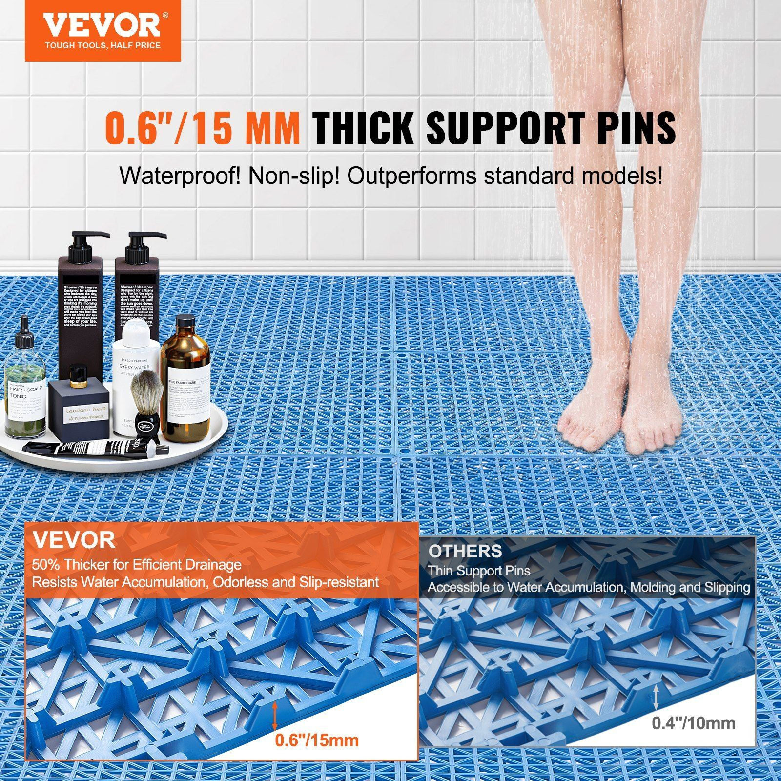 VEVOR Interlocking Tile 55PCS Blue, Drainage Tiles 12" x 12" Splicing, Soft PVC Interlocking Drainage Floor Tiles, Non-Slip Drainage Holes for Restroom, Bathroom, Kitchen, Pool, Wet Areas, Blue