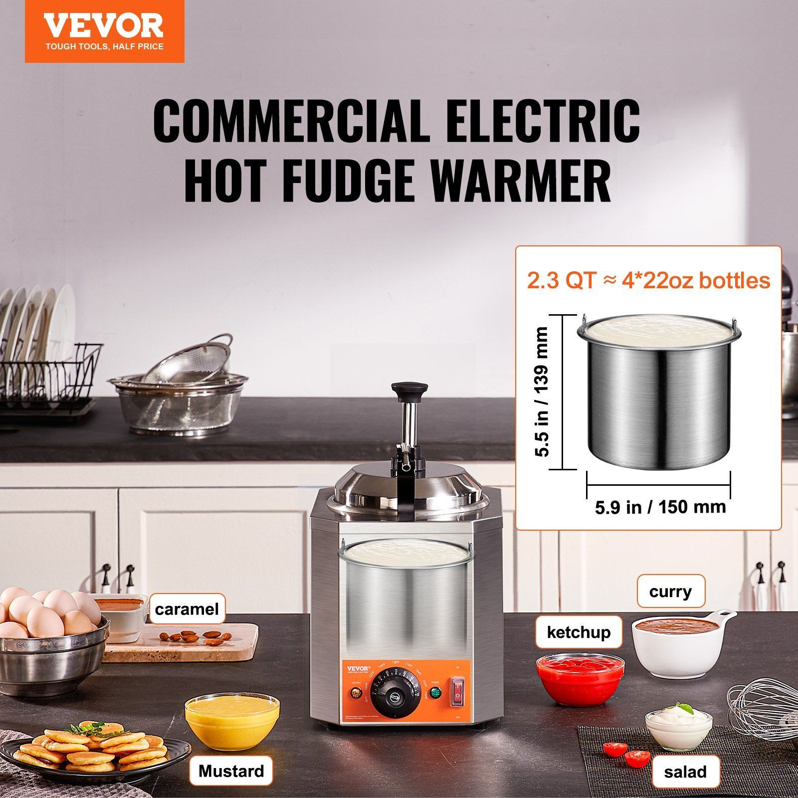 VEVOR Electric Cheese Dispenser with Pump, 2.3 Qt Commercial Hot Fudge Warmer, Stainless Steel Heated Pump Dispenser, 86-230F Temp Adjustable Nacho Cheese Sauce Warmer, for Hot Fudge Cheese Caramel