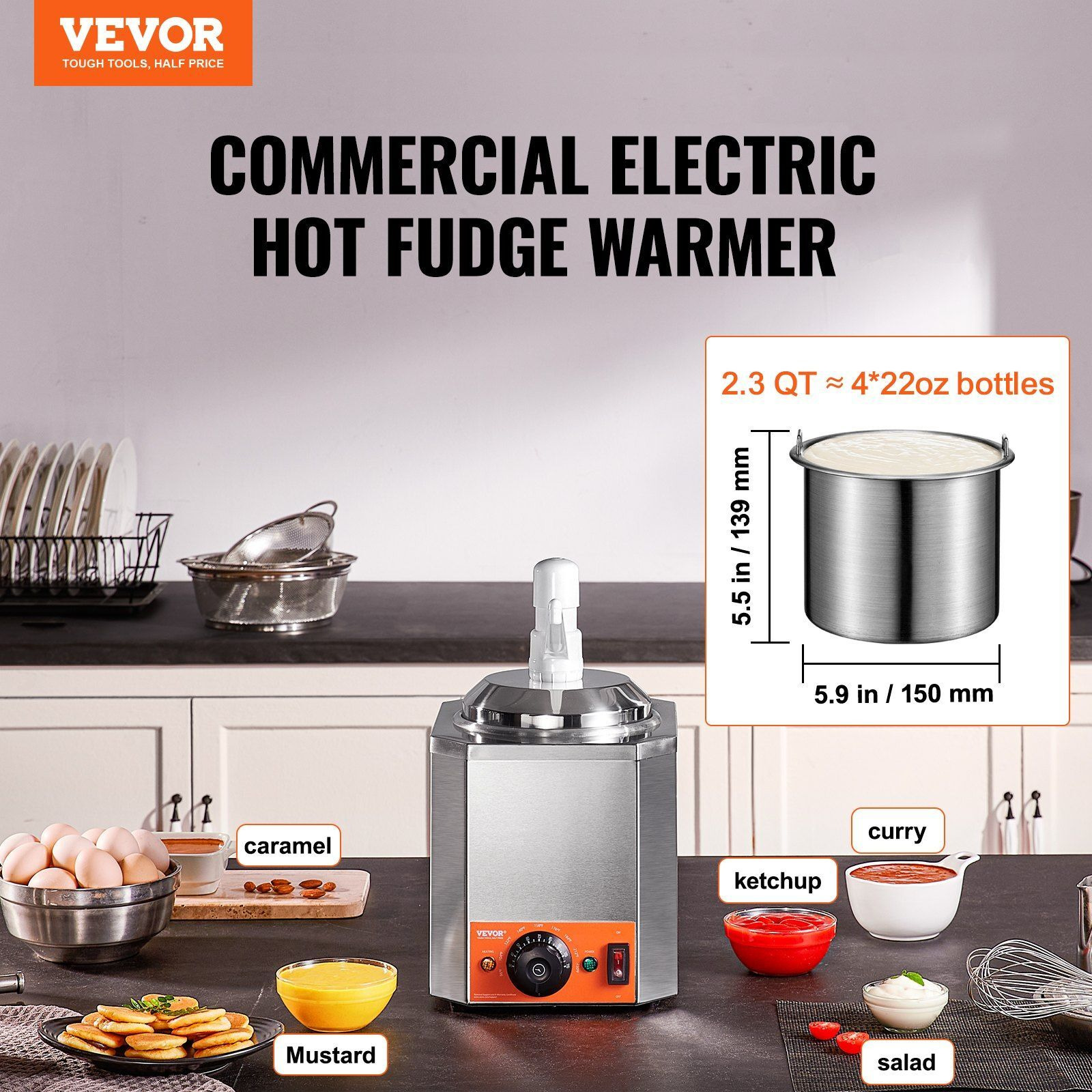 VEVOR Electric Cheese Dispenser with Pump, 2.3 Qt Commercial Hot Fudge Warmer, Plastic Pump Dispenser, 86-230F Temp Adjustable Nacho Cheese Sauce Warmer, for Hot Fudge Cheese Caramel