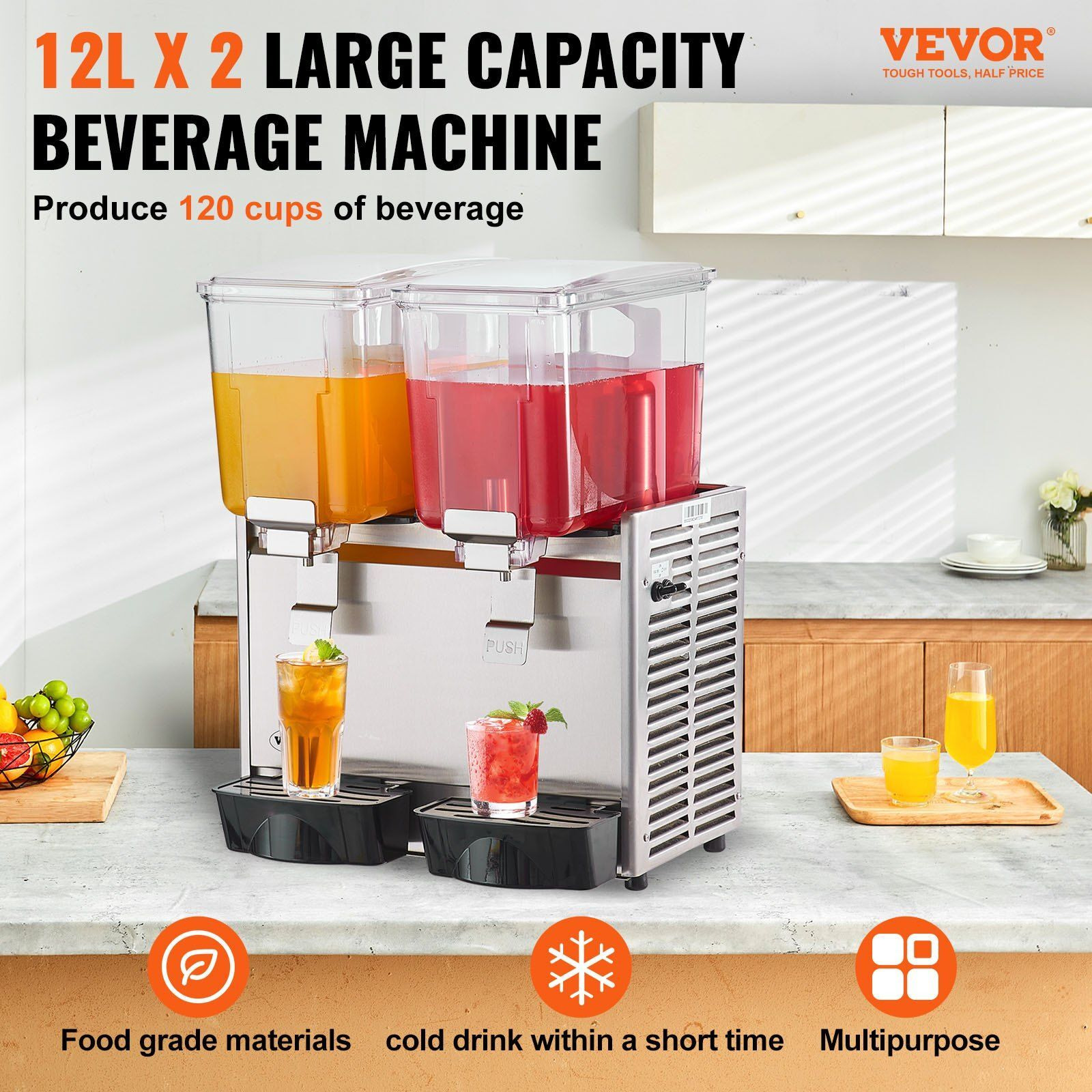 VEVOR Commercial Beverage Dispenser, 13.6 Qt 12L 2 Tanks Ice Tea Drink Machine, 280W 304 Stainless Steel Juice Dispenser with 41F-53.6F Thermostat Controller, for Cold Drink Restaurant Hotel Party