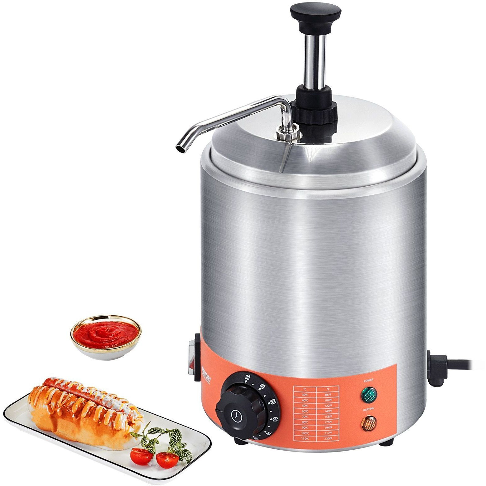 VEVOR Electric Cheese Dispenser with Pump, 2.3 Qt Commercial Hot Fudge Warmer, Stainless Steel Pump Dispenser, 86-230F Temp Adjustable Nacho Cheese Sauce Warmer, for Hot Fudge Cheese Caramel