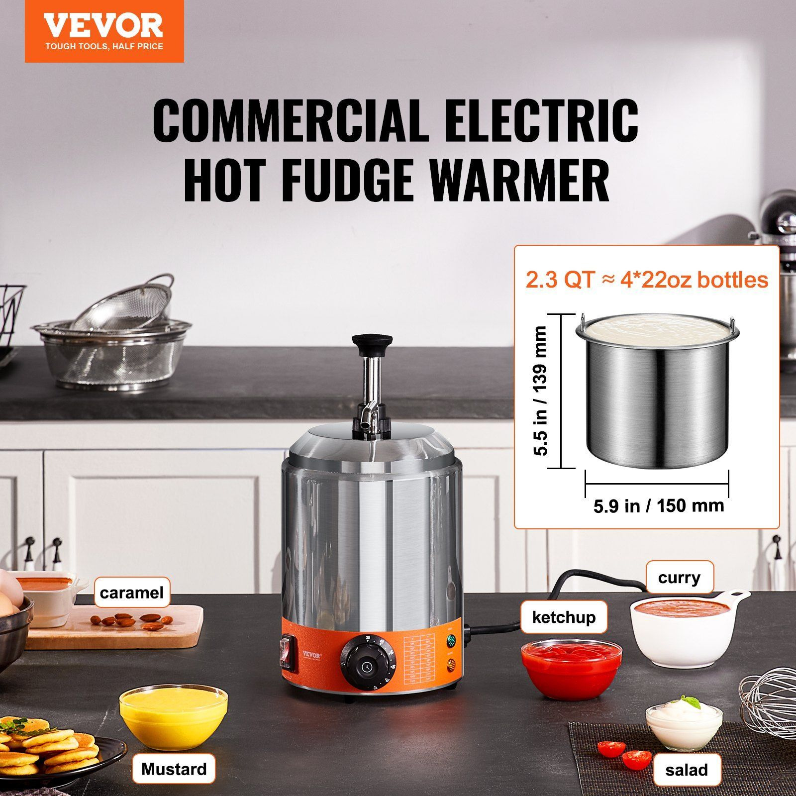VEVOR Electric Cheese Dispenser with Pump, 2.3 Qt Commercial Hot Fudge Warmer, Stainless Steel Pump Dispenser, 86-230F Temp Adjustable Nacho Cheese Sauce Warmer, for Hot Fudge Cheese Caramel