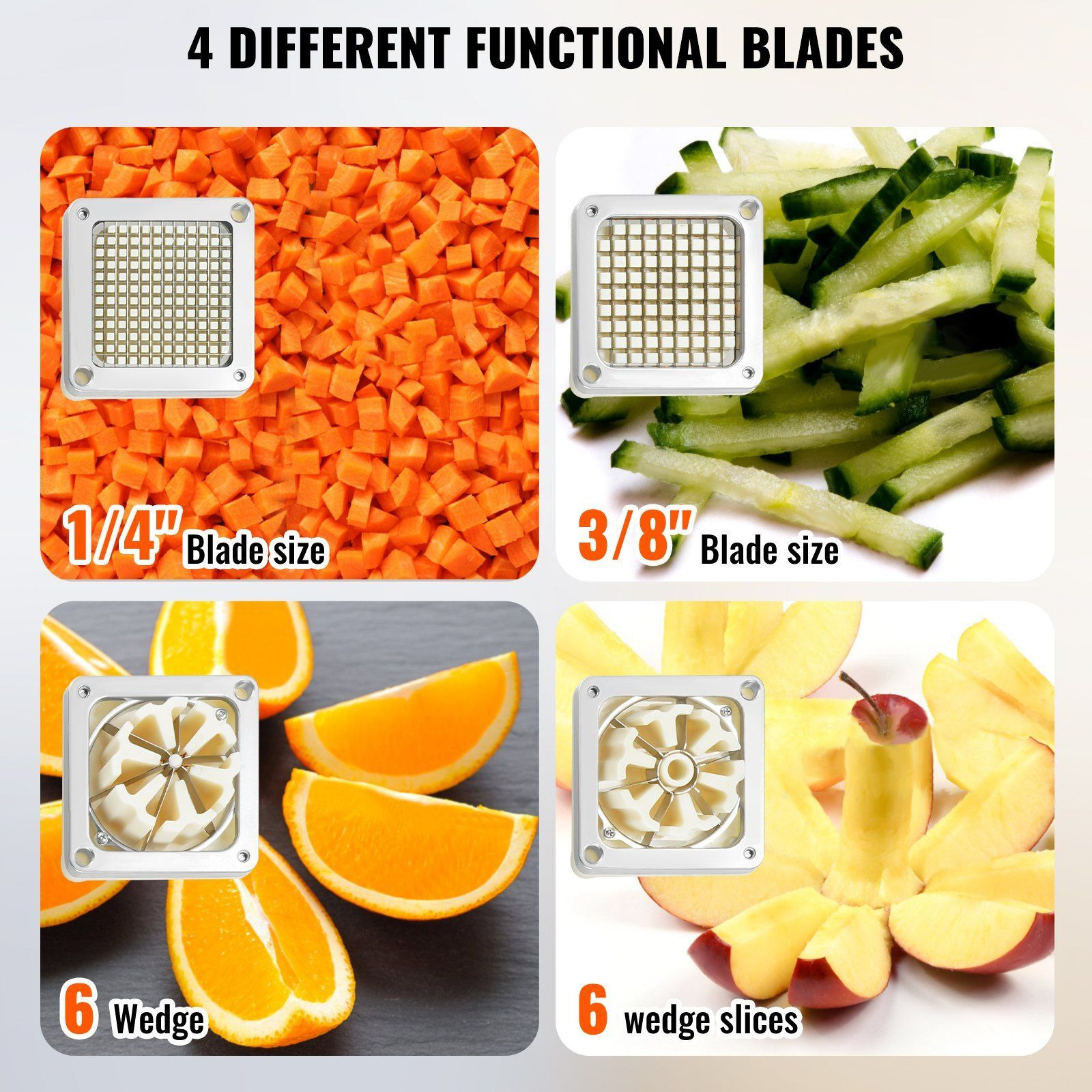 VEVOR Commercial French Fry Cutter with 4 Replacement Blades, 1/4and 3/8Blade Easy Dicer Chopper, 6-wedge Slicer and 6-wedge Apple Corer, Lemon Potato Cutter for French Fries with Extended Handle