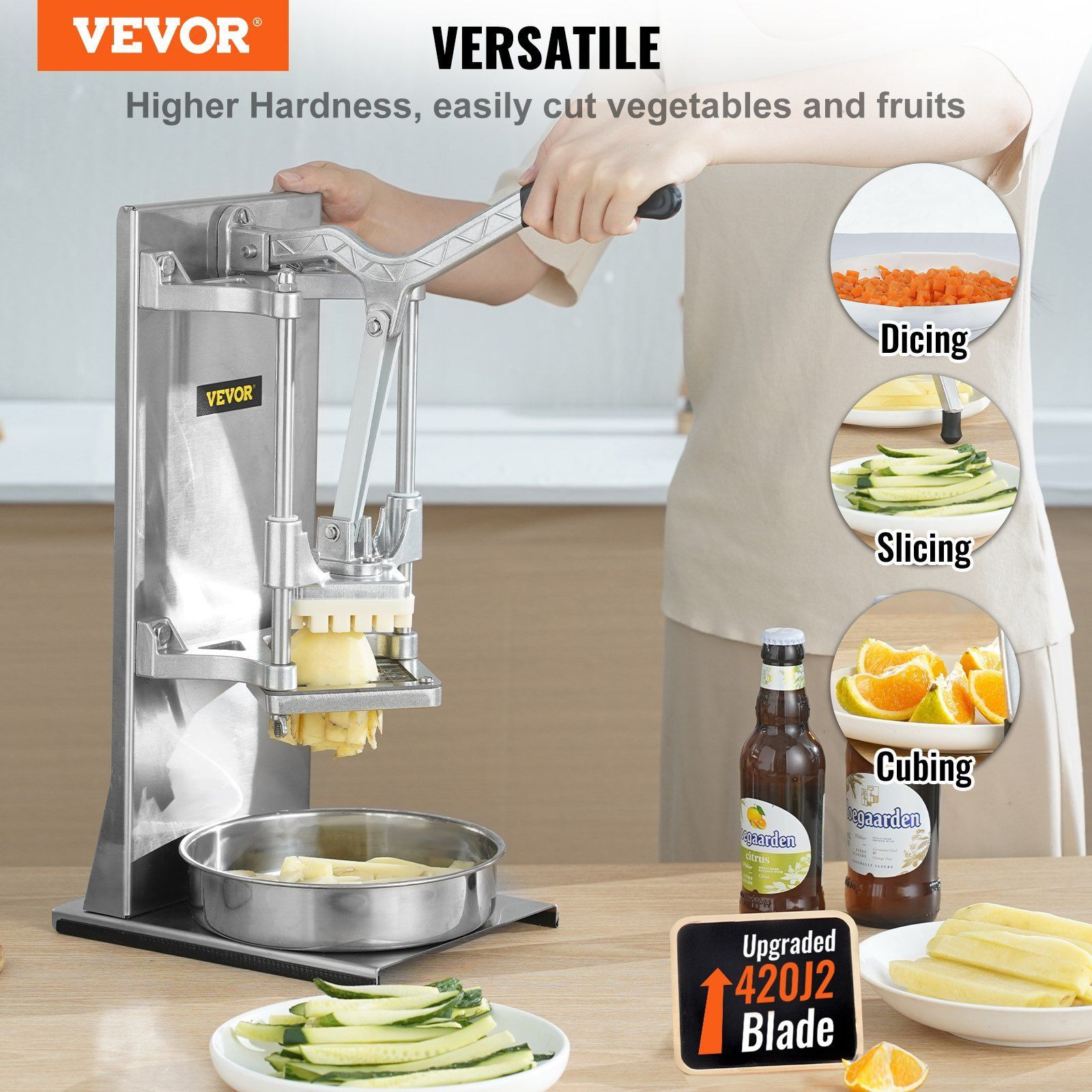 VEVOR Commercial French Fry Cutter with 4 Replacement Blades, 1/4and 3/8Blade Easy Dicer Chopper, 6-wedge Slicer and 6-wedge Apple Corer, Lemon Potato Cutter for French Fries with Extended Handle