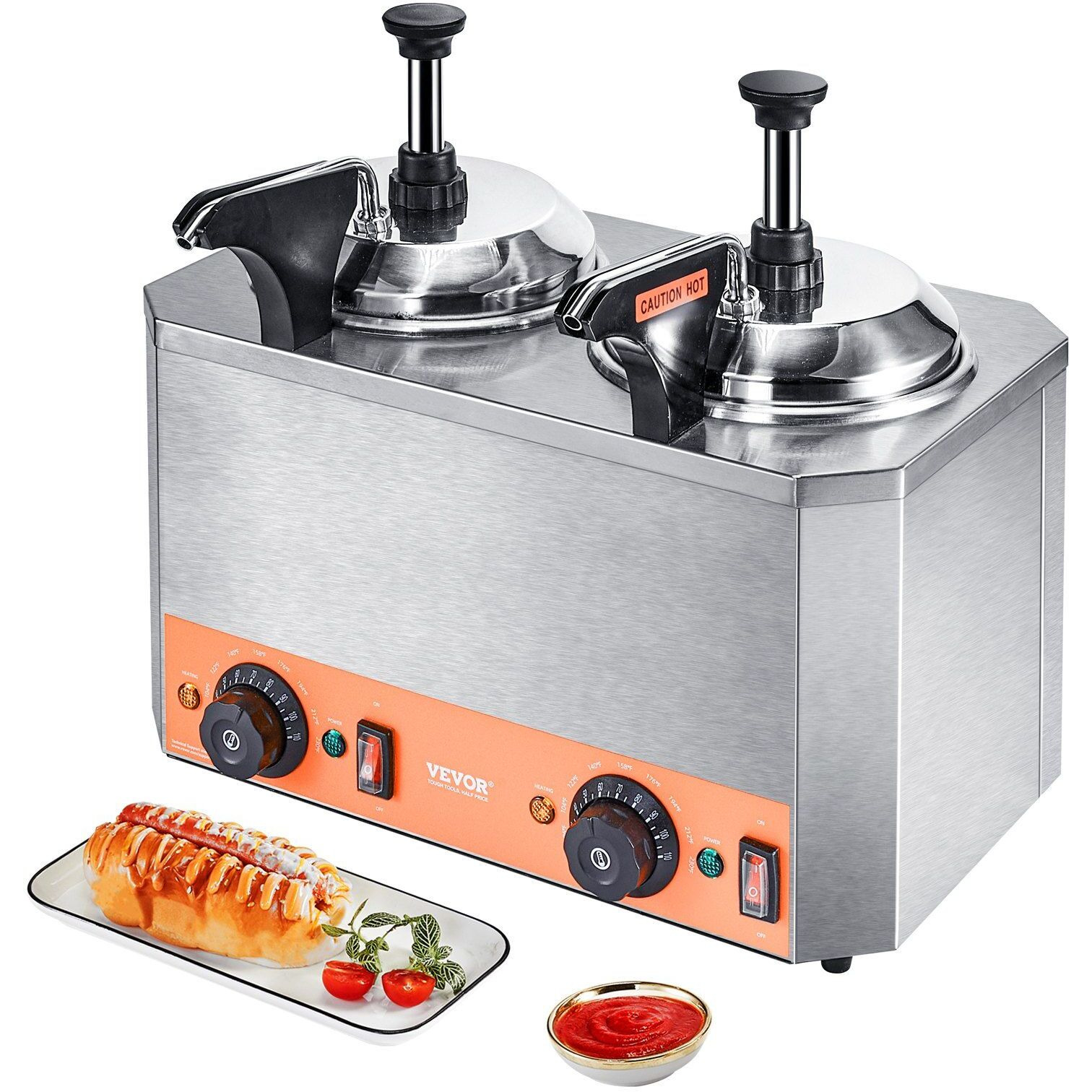VEVOR Electric Cheese Dispenser with Pumps, 2.3x2 Qt Commercial Hot Fudge Warmer, Stainless Steel Heated Double Pumps Dispenser, 86-230F Temp Adjustable Nacho Cheese Warmer for Fudge Cheese Caramel