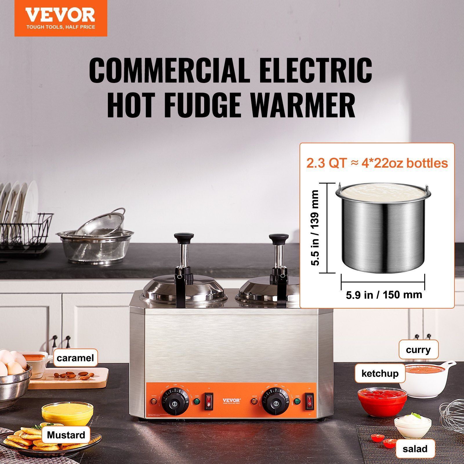 VEVOR Electric Cheese Dispenser with Pumps, 2.3x2 Qt Commercial Hot Fudge Warmer, Stainless Steel Heated Double Pumps Dispenser, 86-230F Temp Adjustable Nacho Cheese Warmer for Fudge Cheese Caramel