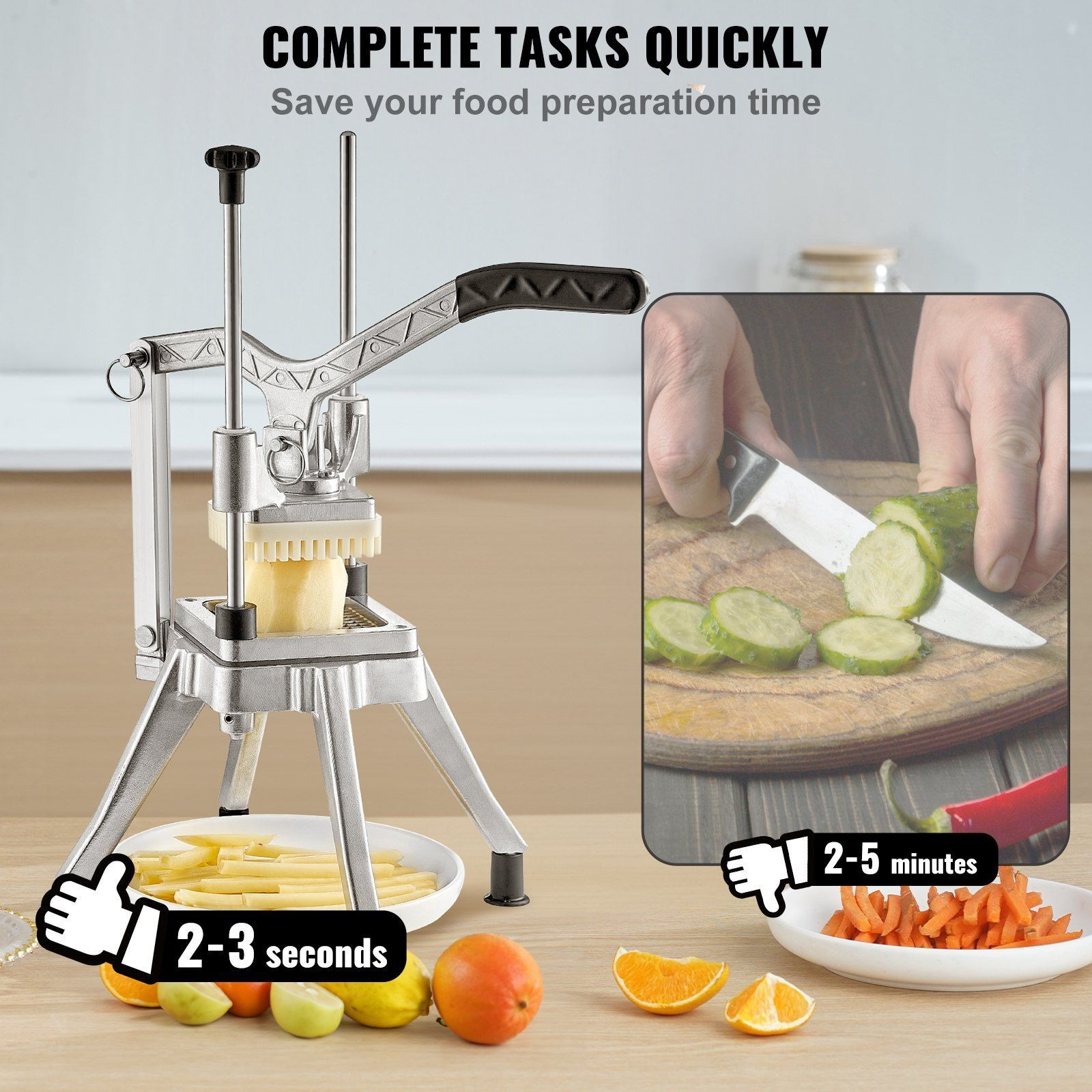 VEVOR Commercial Vegetable Fruit Chopper 3/8Blade Heavy Duty Professional Food Dicer Kattex French Fry Cutter Onion Slicer Stainless Steel for Tomato Peppers Potato Mushroom, Sliver
