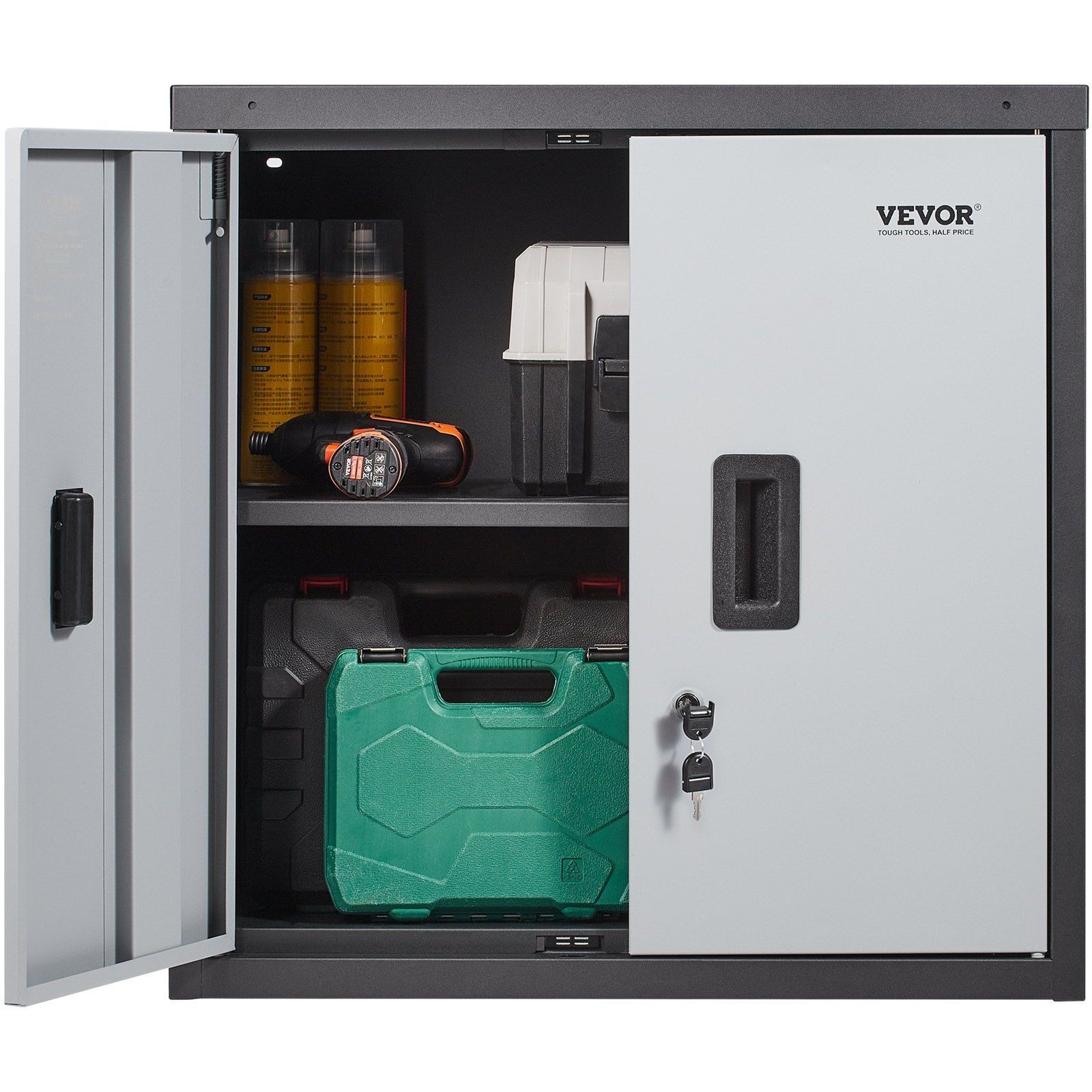 VEVOR Foldable Wall Cabinet, Metal Garage Cabinet Wall Mounted 26' Small Cabinet 240 LBS Loading Capacity Adjustable Shelf Magnetic Door File Locker for Garage Office Home Black