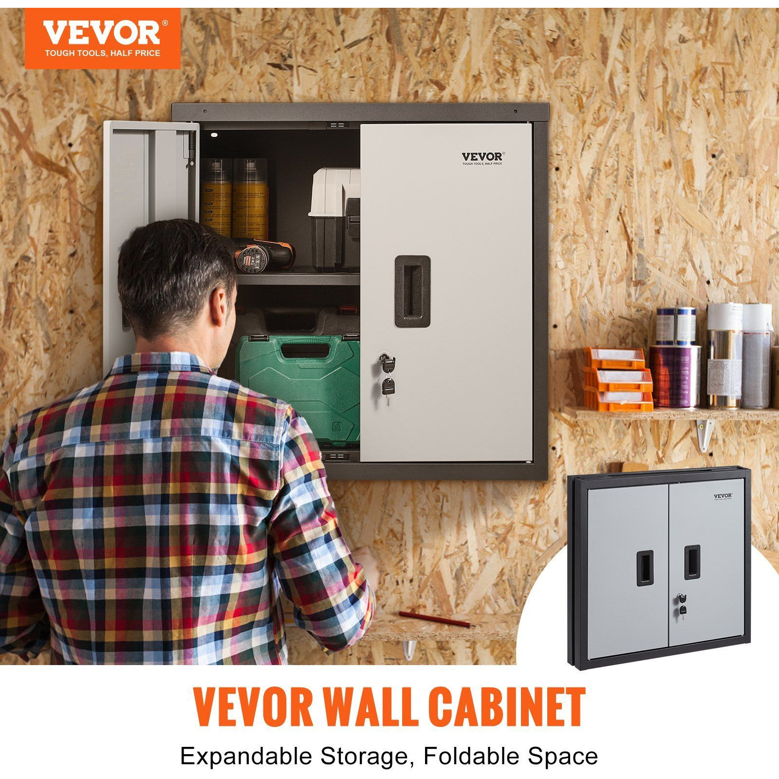 VEVOR Foldable Wall Cabinet, Metal Garage Cabinet Wall Mounted 26' Small Cabinet 240 LBS Loading Capacity Adjustable Shelf Magnetic Door File Locker for Garage Office Home Black