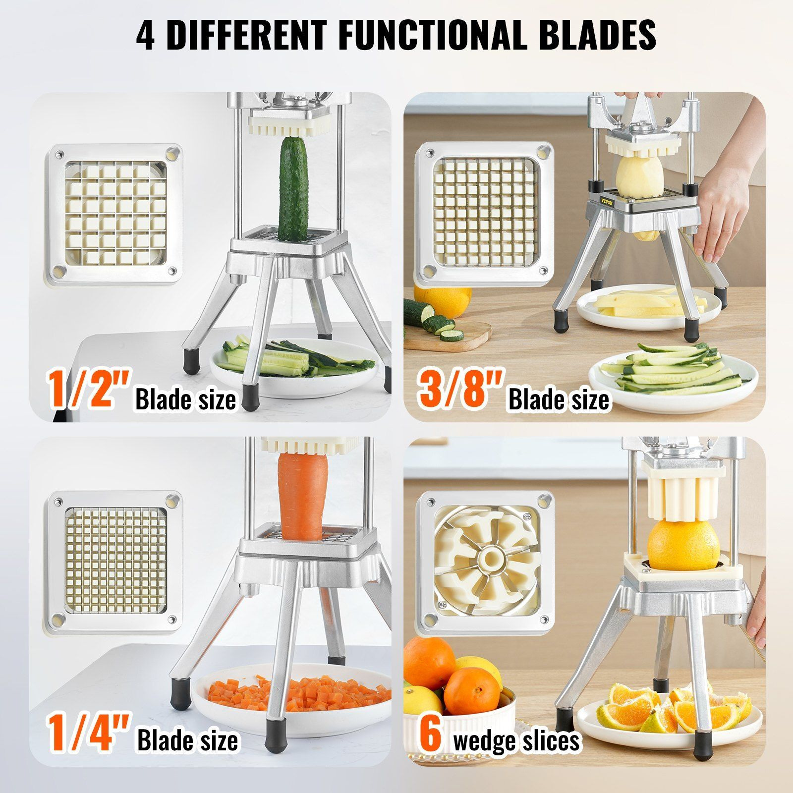 VEVOR Commercial Vegetable Fruit Chopper, Stainless Steel French Fry Cutter with 4 Blades 1/4" 3/8" 1/2", 6-wedge Slicer, Chopper Dicer with Tray, Heavy Duty Cutter for Potato Tomato Onion Mushroom