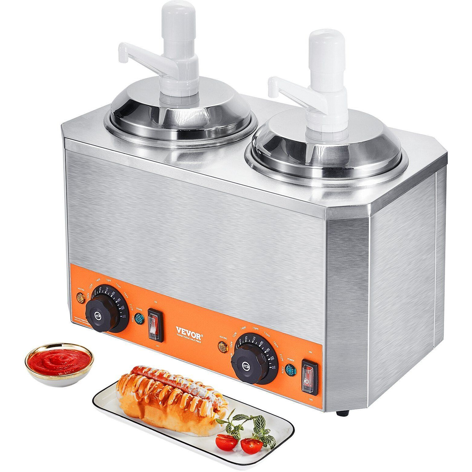 VEVOR Electric Cheese Dispenser with Pumps, 2.3x2 Qt Commercial Hot Fudge Warmer, Plastic Double Pumps Dispenser, 86-230F Temp Adjustable Nacho Cheese Sauce Warmer, for Hot Fudge Cheese Caramel