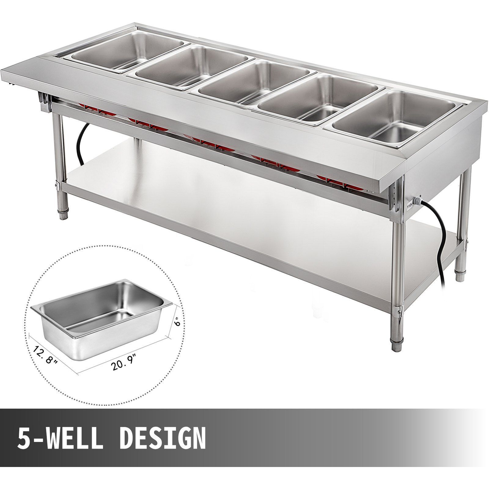 VEVOR Commercial Electric Food Warmer 5 Pot Steam Table Food Warmer 18 Quart/Pan with Lids with 7 Inch Cutting Board Food Grade Stainless Steel Steam Table Serving Counter 220V 3750W for Restaurant