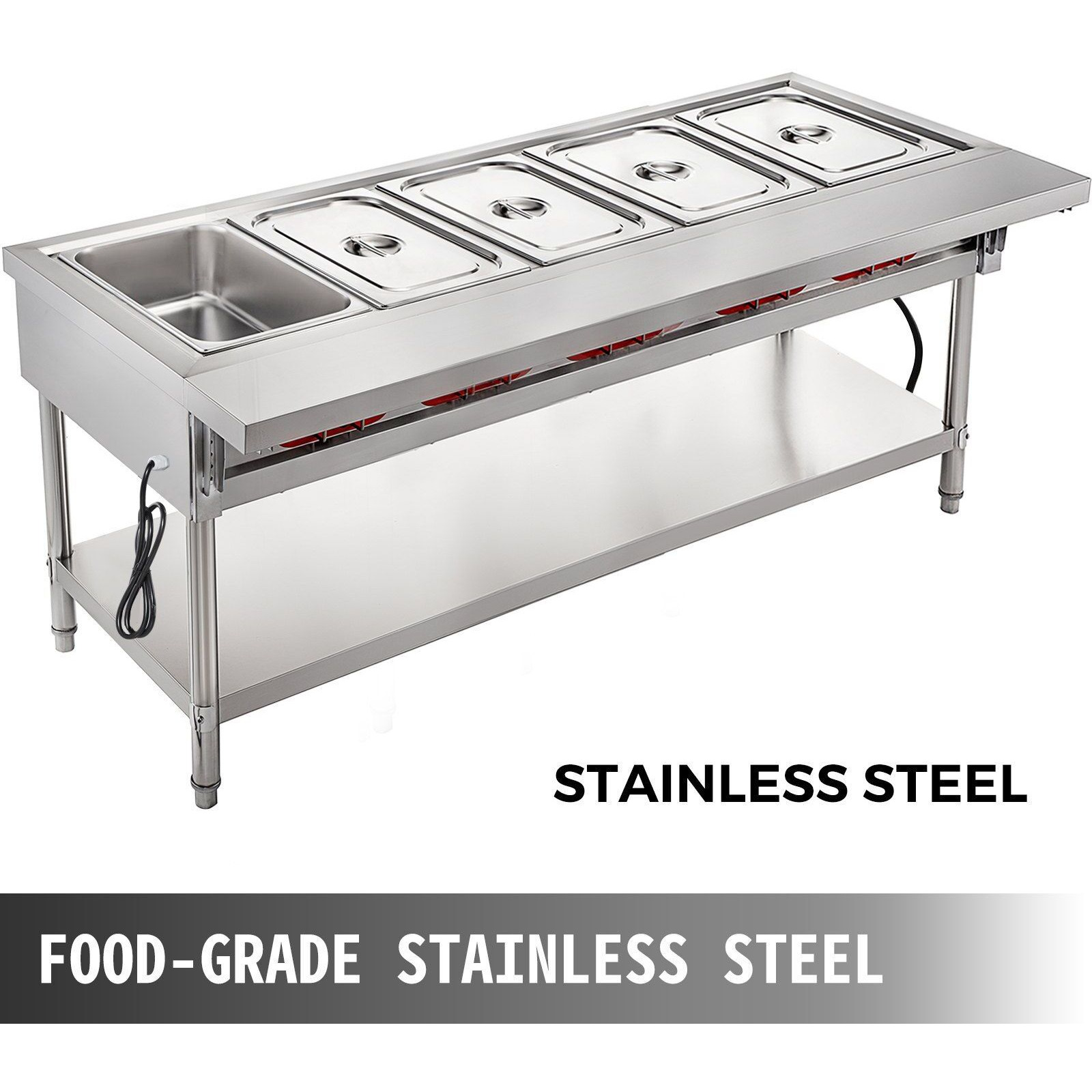 VEVOR Commercial Electric Food Warmer 5 Pot Steam Table Food Warmer 18 Quart/Pan with Lids with 7 Inch Cutting Board Food Grade Stainless Steel Steam Table Serving Counter 220V 3750W for Restaurant