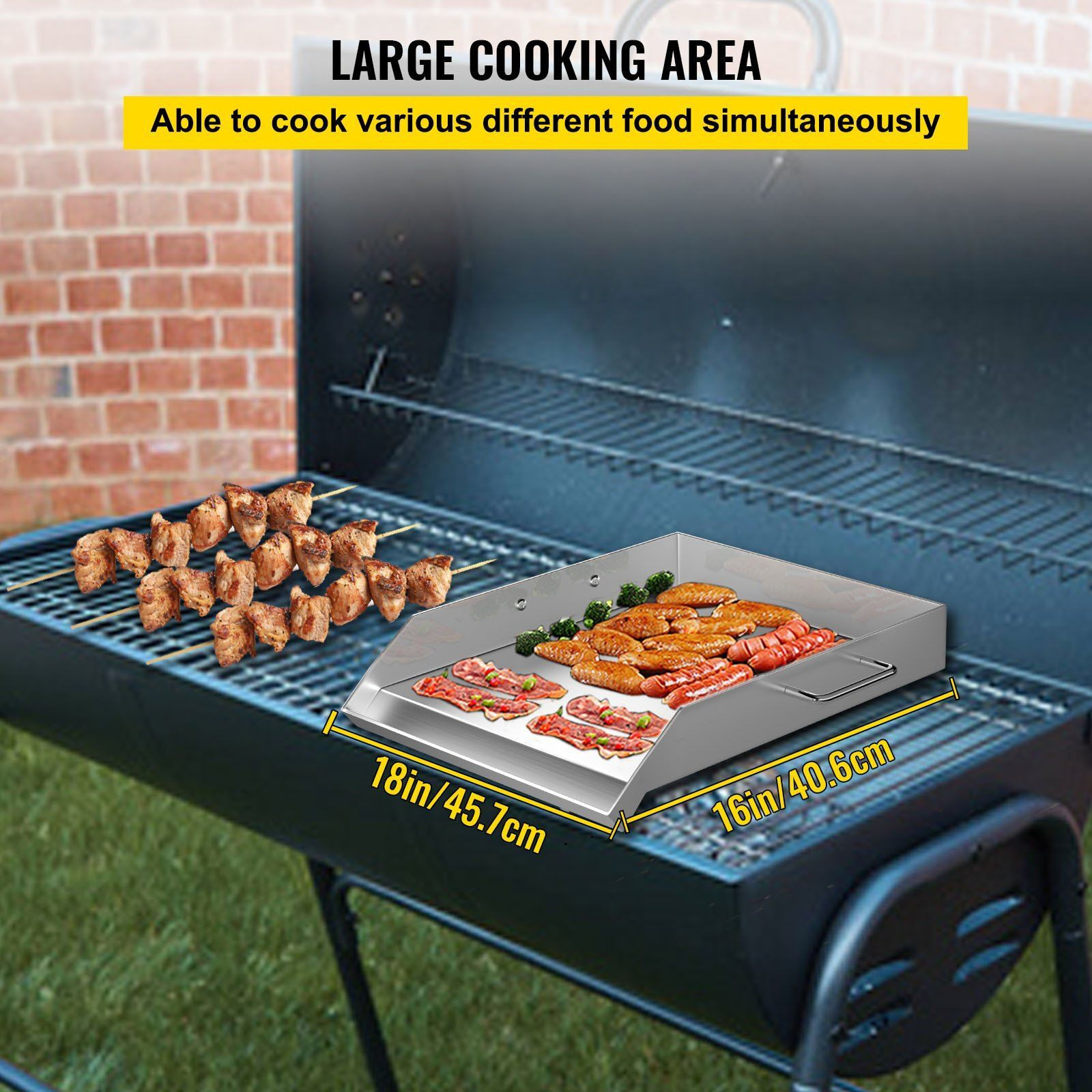 VEVOR Stainless Steel Griddle,18" X 16" Universal Flat Top Rectangular Plate, BBQ Charcoal/Gas Grill with 2 Handles and Grease Groove with Hole, Grills for Camping, Tailgating and Parties