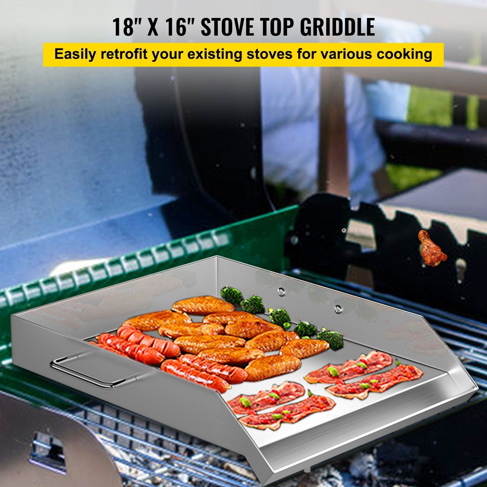 VEVOR Stainless Steel Griddle,18" X 16" Universal Flat Top Rectangular Plate, BBQ Charcoal/Gas Grill with 2 Handles and Grease Groove with Hole, Grills for Camping, Tailgating and Parties