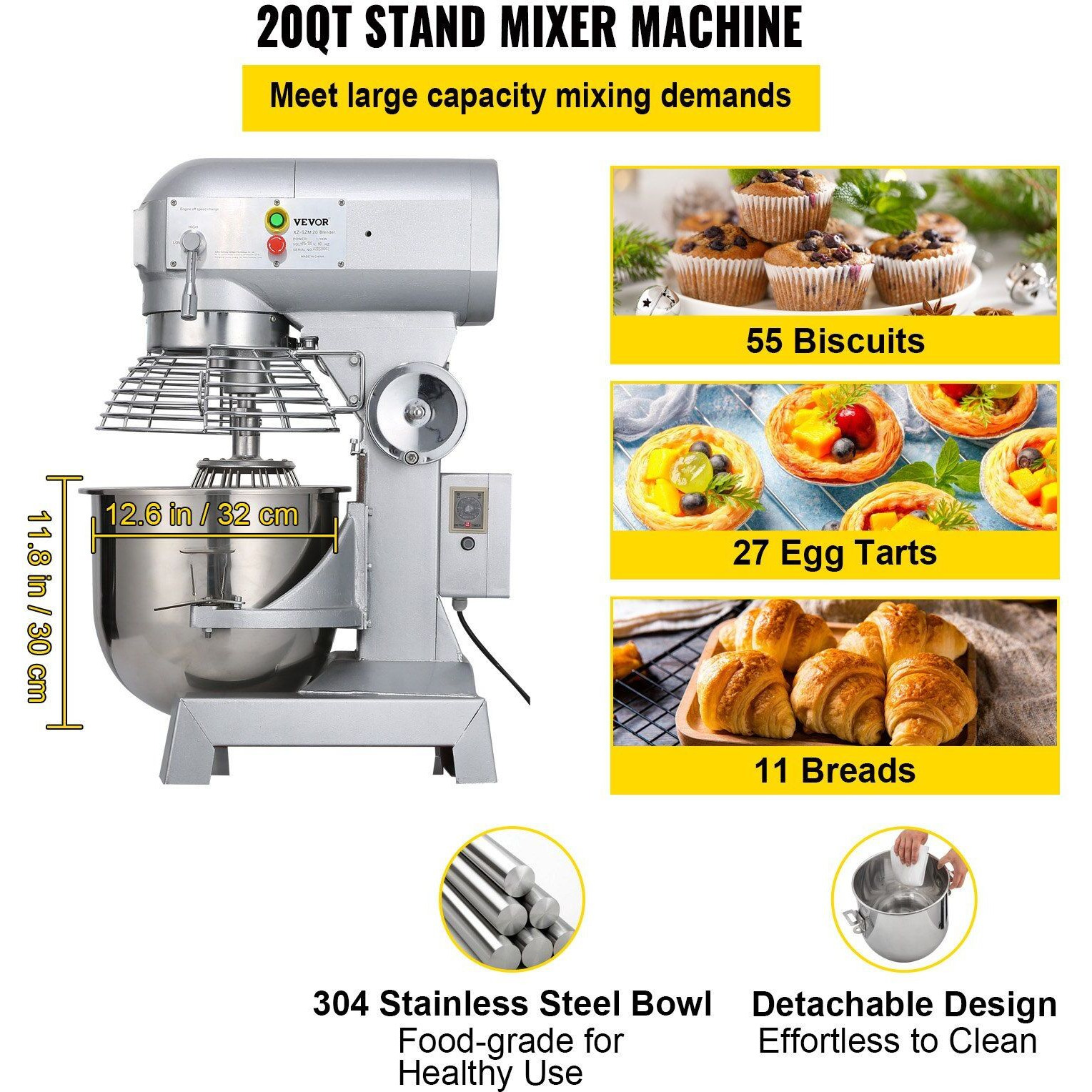 VEVOR Commercial Food Mixer 20Qt 750W 3 Speeds Adjustable 105 180 and 408 RPM Food Processor Heavy Duty with Stainless Steel Bowl Dough Hooks Whisk Beater for Schools Bakeries Restaurants Pizzeria
