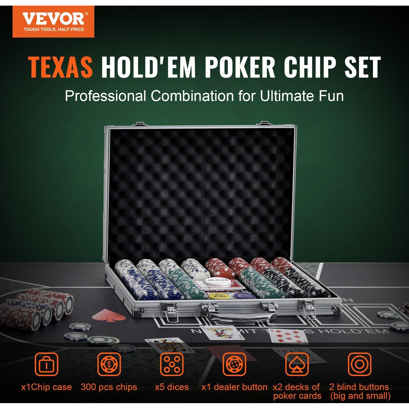 VEVOR Poker Chip Set, 300-Piece Poker Set, Complete Poker Playing Game Set with Aluminum Carrying Case, 11.5 Gram Casino Chips, Cards, Buttons and Dices, for Texas Hold'em, Blackjack, Gambling