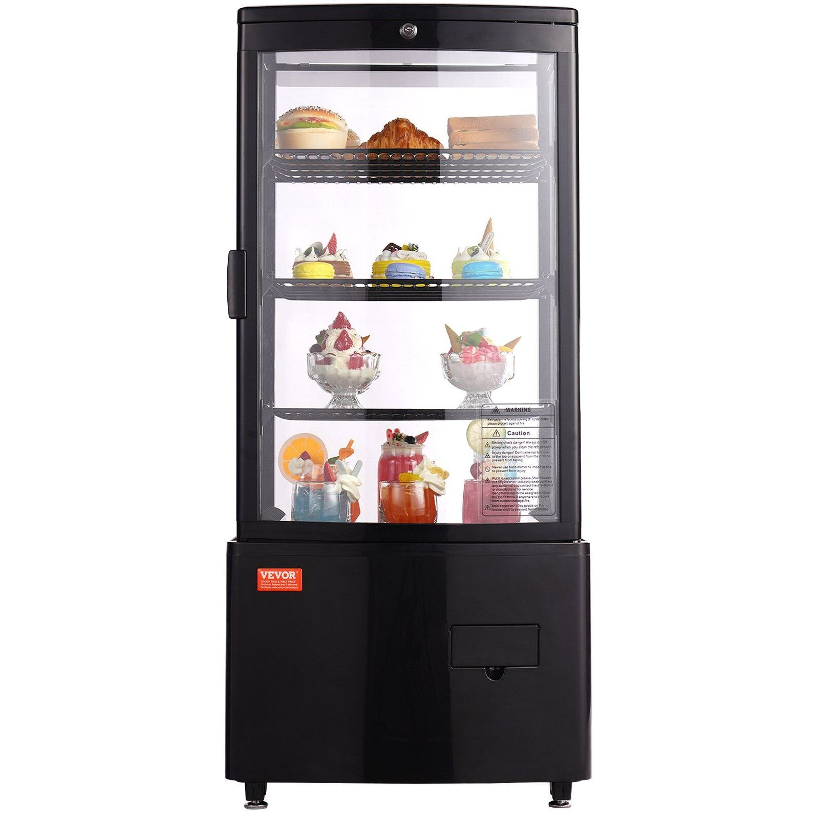 VEVOR Refrigerated Display Case, 3 Cu.Ft./85L Countertop Pastry Display Case, 3-Tier Commercial Display Refrigerator with LED Lighting, TURBO Cooling, Frost-Free Air-Cooling, Locked Door for Bakery