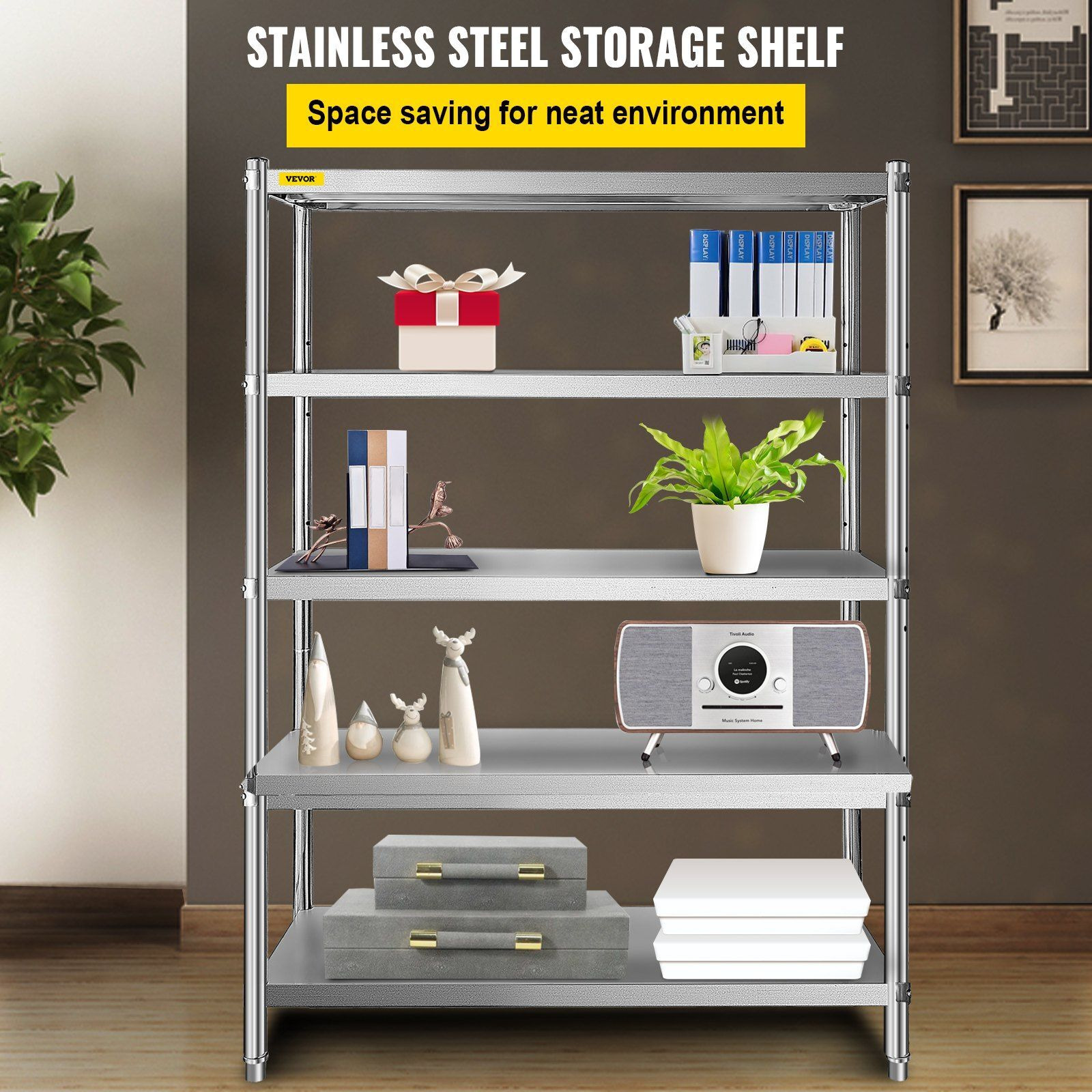 VEVOR Stainless Steel Shelves 47.5x18 Inch 5 Tier Adjustable Shelf Storage Unit Stainless Steel Rack Shelving Heavy Duty Shelving for Kitchen Commercial Office Garage Storage 330lb Per Shelf