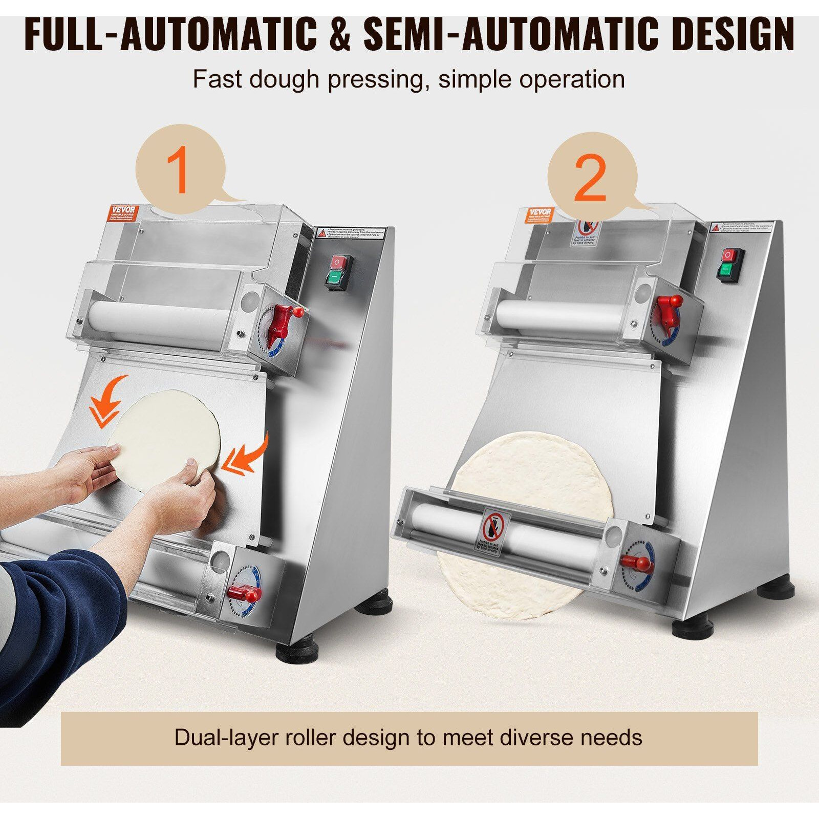 VEVOR Pizza Dough Roller Sheeter, 3-15 Inch Automatic Commercial Pizza Press, 390W Electric 260 Per Hour Dough Roller, Stainless Steel Adjustable Thickness Dough Machine, for Pasta Maker Equipment