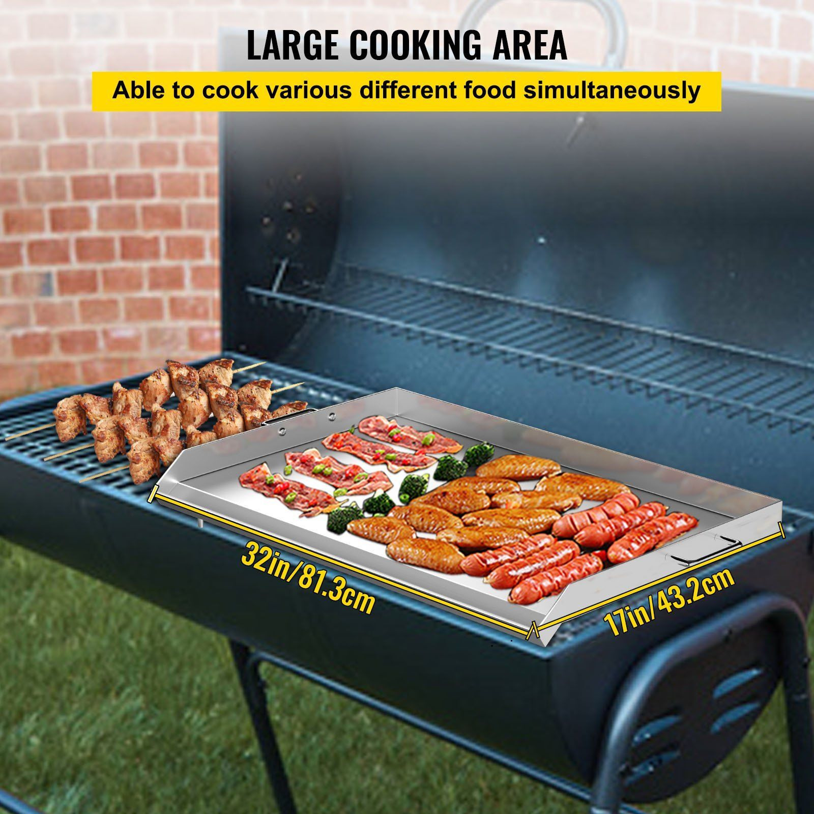 VEVOR Stainless Steel Griddle,32" X 17" Universal Flat Top Rectangular Plate , BBQ Charcoal/Gas Grill with 2 Handles and Grease Groove with Hole, Grills for Camping, Tailgating and Parties .