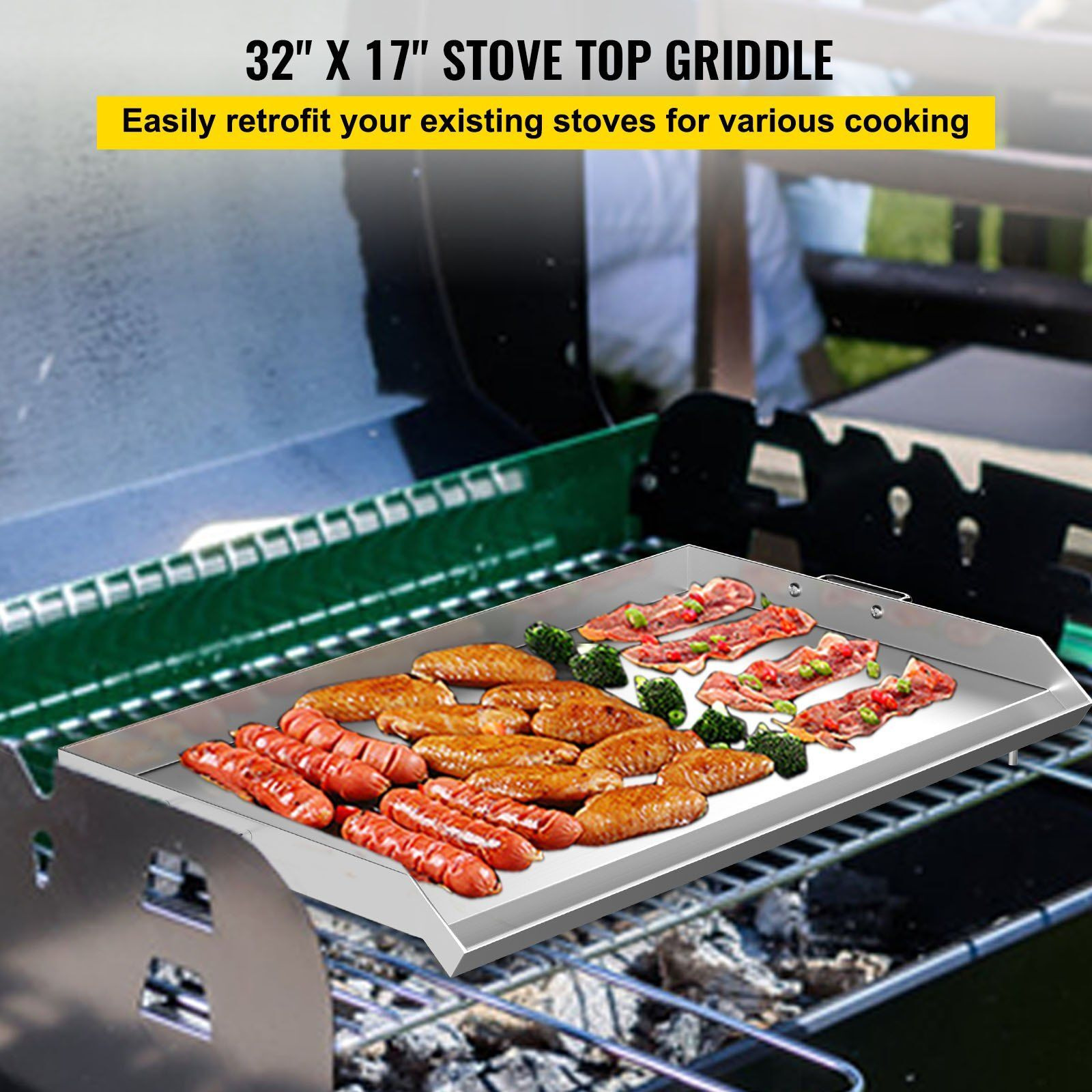 VEVOR Stainless Steel Griddle,32" X 17" Universal Flat Top Rectangular Plate , BBQ Charcoal/Gas Grill with 2 Handles and Grease Groove with Hole, Grills for Camping, Tailgating and Parties .