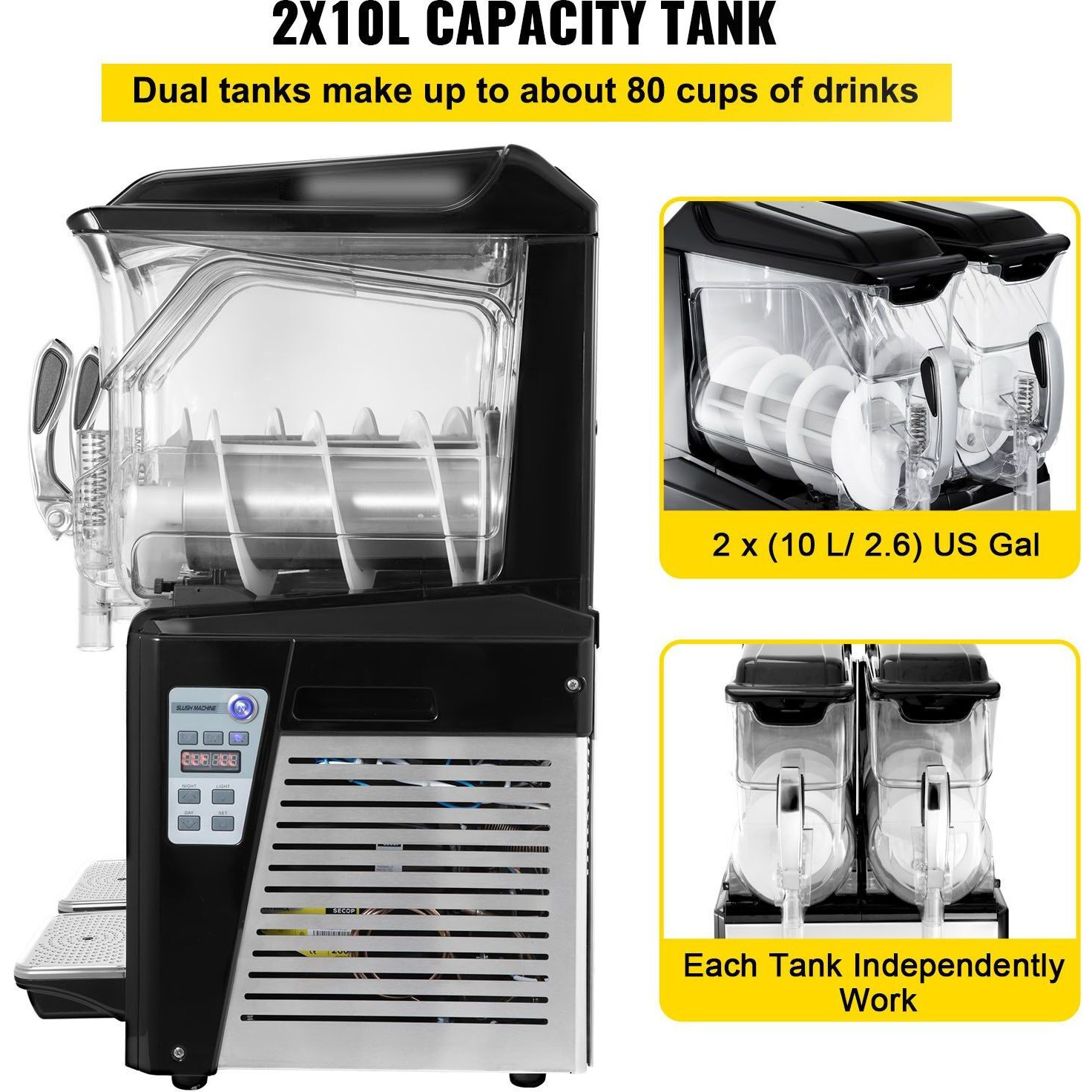 VEVOR 110V Slushy Machine 20L Double Bowl Margarita Frozen Drink Maker 900W Automatic Clean Day and Night Modes for Supermarkets Cafes Restaurants Snack Bars Commercial Use