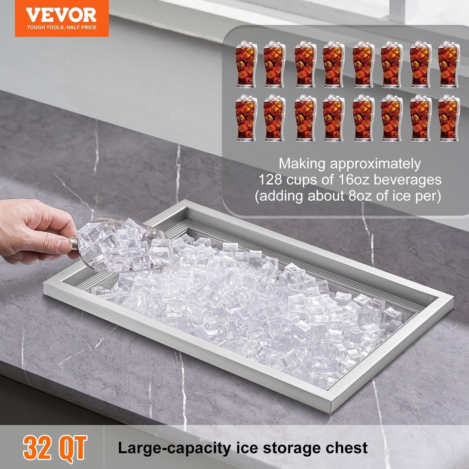 VEVOR Drop in Ice Chest, 20&quotL x 14&quotW x 12&quotH Stainless Steel Ice Cooler, Commercial Ice Bin with Cover, 40 qt Outdoor Kitchen Ice Bar, Drain-pipe and Drain Plug Included, for Cold Wine Beer