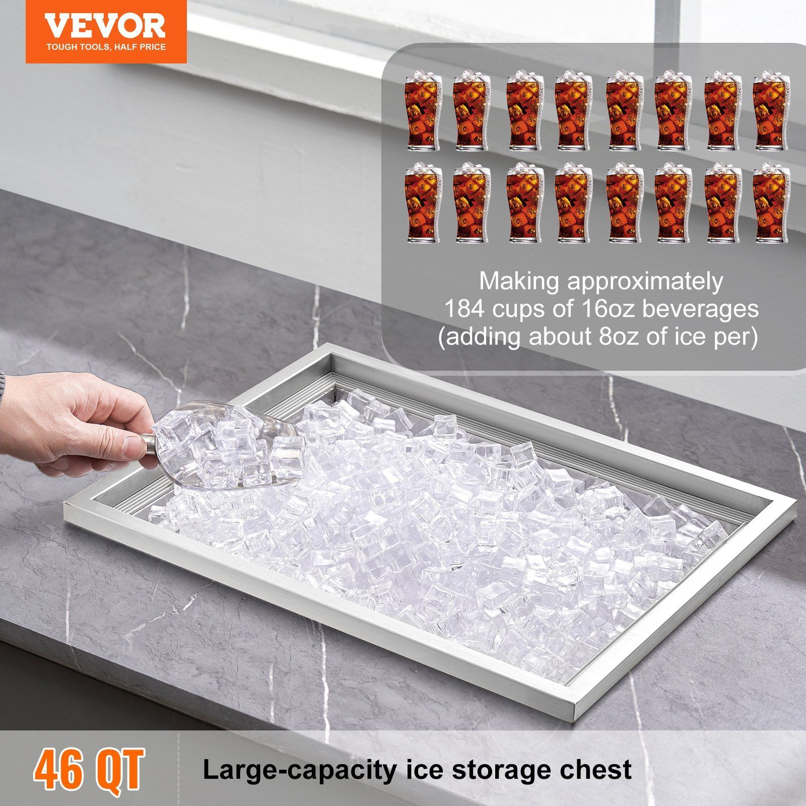 VEVOR Drop in Ice Chest, 22&quotL x 17&quotW x 12&quotH Stainless Steel Ice Cooler, Commercial Ice Bin with Cover, 40 qt Outdoor Kitchen Ice Bar, Drain-pipe and Drain Plug Included, for Cold Wine Beer