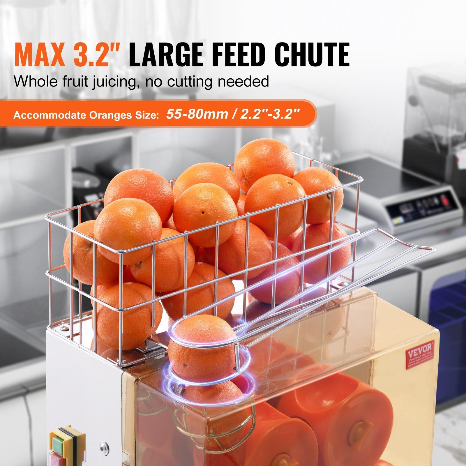 VEVOR Commercial Orange Juicer Machine, 120W Automatic Juice Extractor with Water Tap, Stainless Steel Orange Squeezer 20 Oranges/Minute, with Pull-Out Filter Box, PC Cover, 2 Peel Collecting Buckets