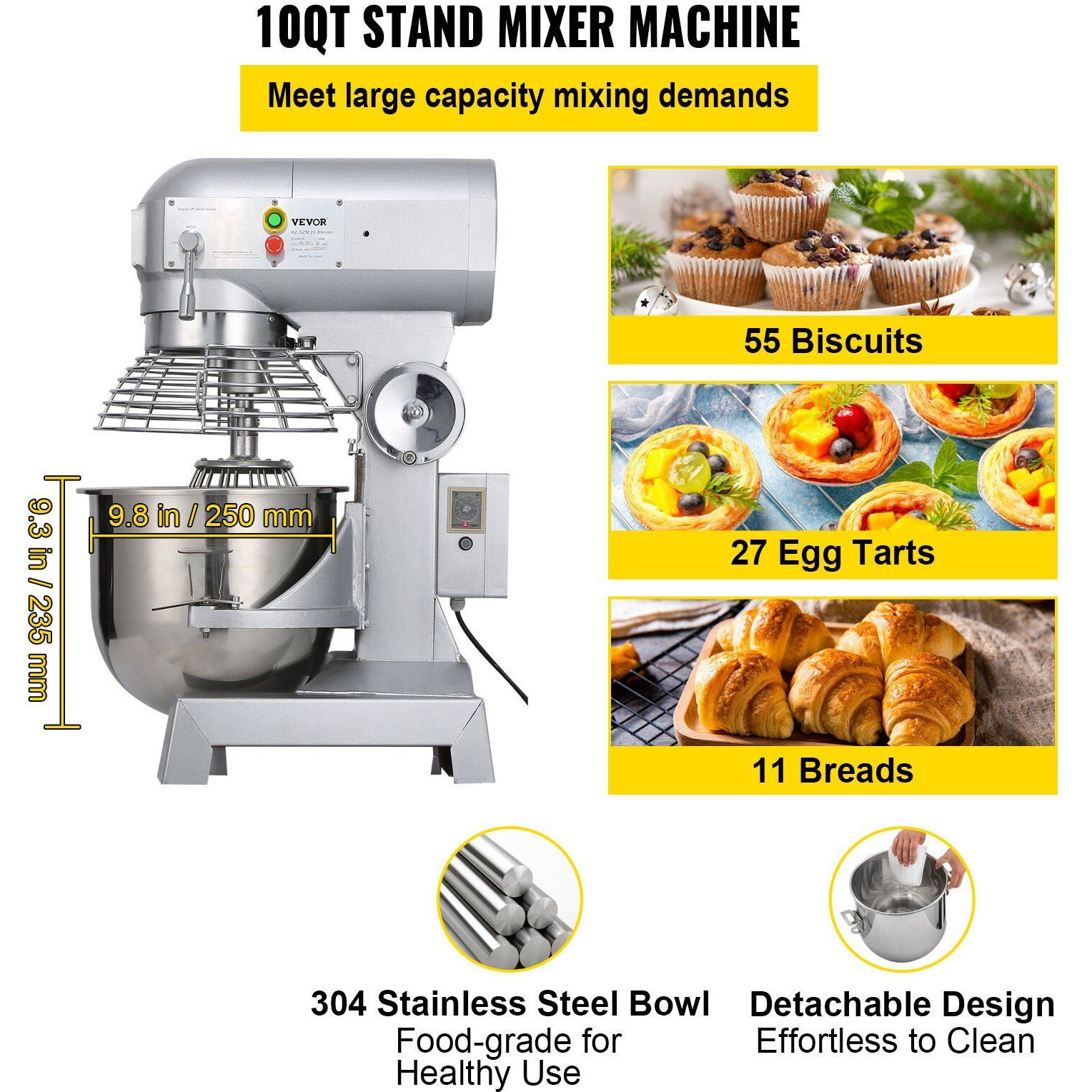 VEVOR Commercial Food Mixer 10Qt 450W 3 Speeds Adjustable 110/178/390 RPM Heavy Duty 110V with Stainless Steel Bowl Dough Hooks Whisk Beater Premium for Schools Bakeries Restaurants Pizzerias