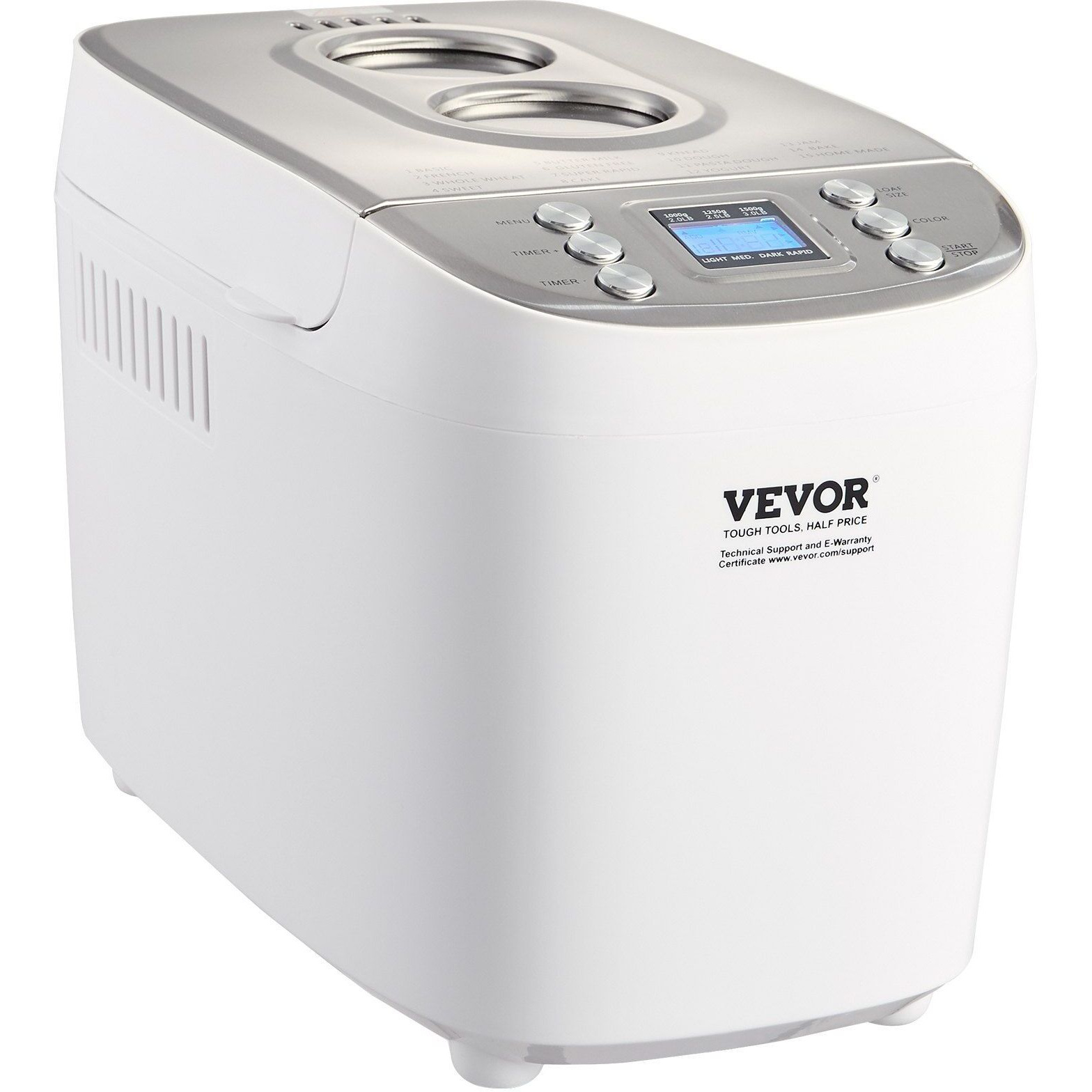 VEVOR Bread Maker, 15-in-1 3LB Dough Machine, Nonstick Ceramic Pan Automatic Breadmaker with Gluten Free Setting, Whole Wheat Bread Making, Digital, Programmable, 3 Loaf Sizes, 3 Crust Colors, White