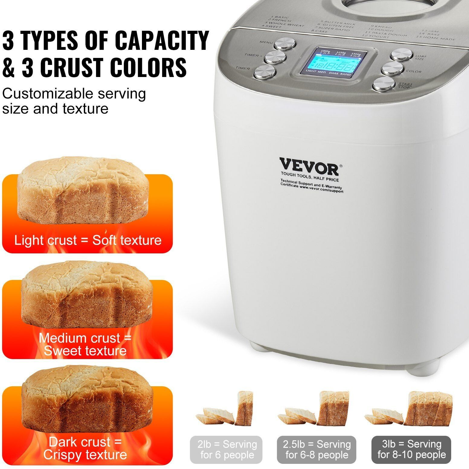 VEVOR Bread Maker, 15-in-1 3LB Dough Machine, Nonstick Ceramic Pan Automatic Breadmaker with Gluten Free Setting, Whole Wheat Bread Making, Digital, Programmable, 3 Loaf Sizes, 3 Crust Colors, White