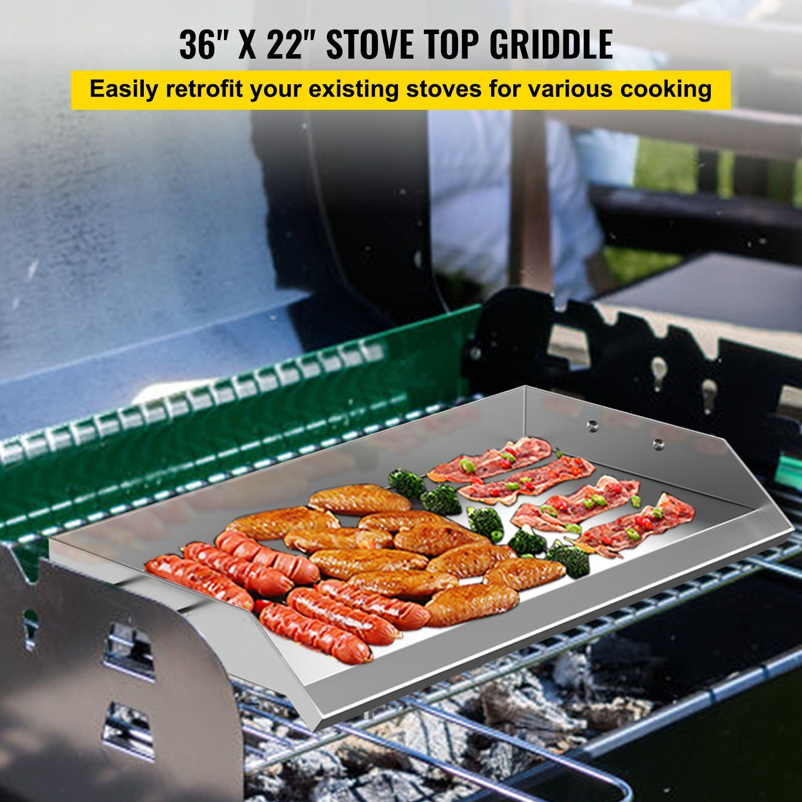 VEVOR Stainless Steel Griddle,36" x 22" Universal Flat Top Rectangular Plate, BBQ Charcoal/Gas Non-Stick Grill with 2 Handles and Grease Groove with HoleGrills for Camping, Tailgating and Parties