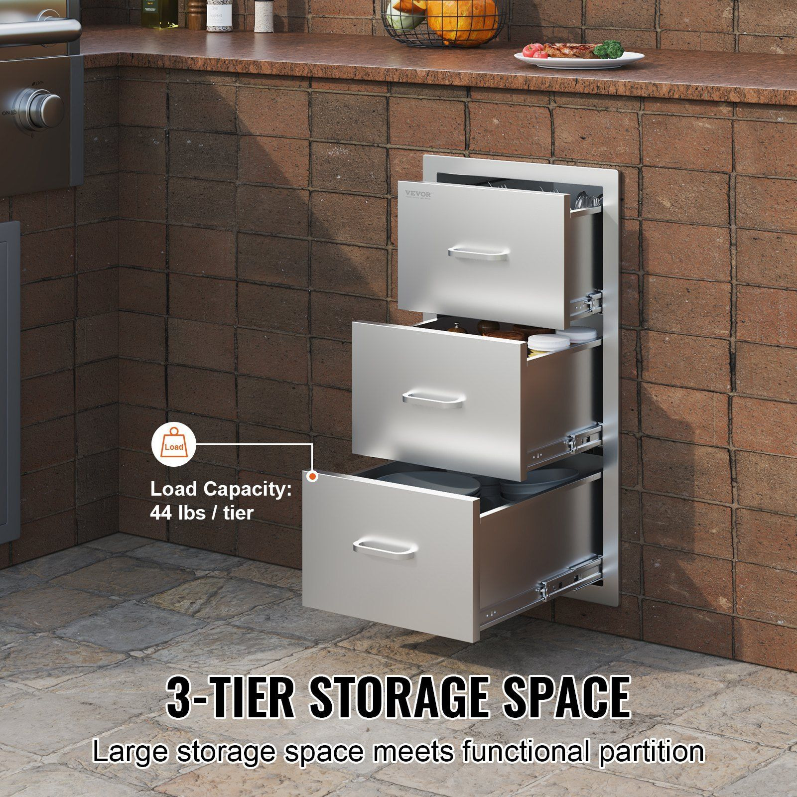 VEVOR Outdoor Kitchen Drawers 16" W x 28.5" H x 20.5" D, Flush Mount Triple Access BBQ Drawers Stainless Steel with Handle, BBQ Island Drawers for Outdoor Kitchens or Patio Grill Station