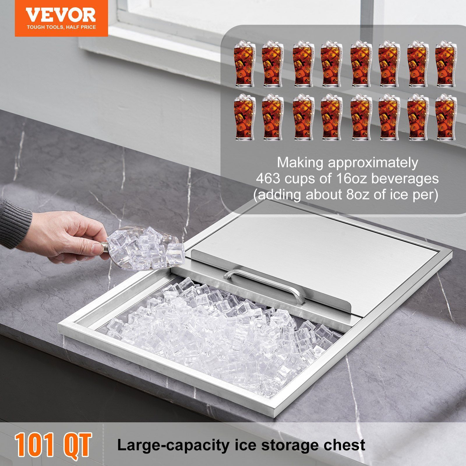 VEVOR Drop in Ice Chest, 27&quotL x 18&quotW x 21&quotH Stainless Steel Ice Cooler, Commercial Ice Bin with Sliding Cover, 40.9 qt Outdoor Kitchen Ice Bar, Drain-pipe and Drain Plug Included, for Cold Wine Beer