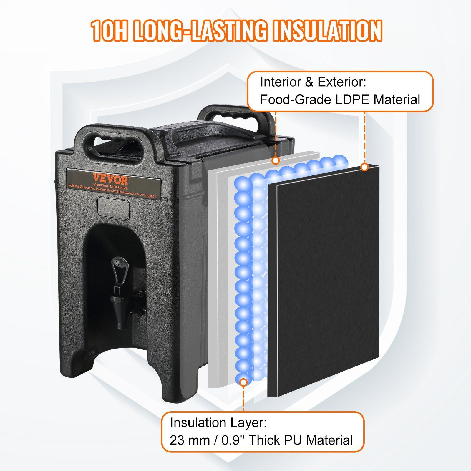VEVOR Insulated Beverage Dispenser, 2.5 Gallon, Food-grade LDPE Hot and Cold Beverage Server, Thermal Drink Dispenser Cooler with 0.9 in PU Layer Two-Stage Faucet Handle, for Restaurant Drink Shop