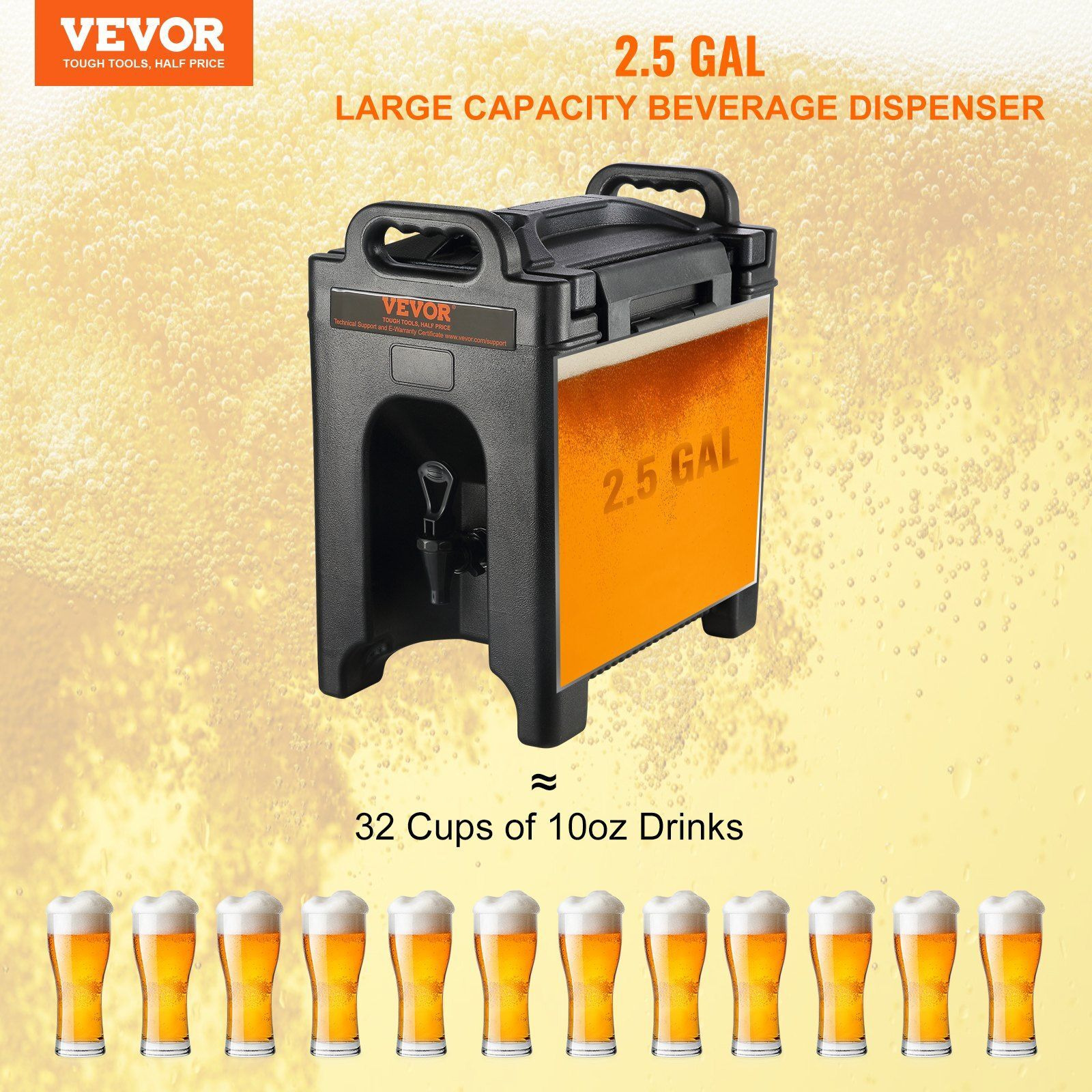 VEVOR Insulated Beverage Dispenser, 2.5 Gallon, Food-grade LDPE Hot and Cold Beverage Server, Thermal Drink Dispenser Cooler with 0.9 in PU Layer Two-Stage Faucet Handle, for Restaurant Drink Shop